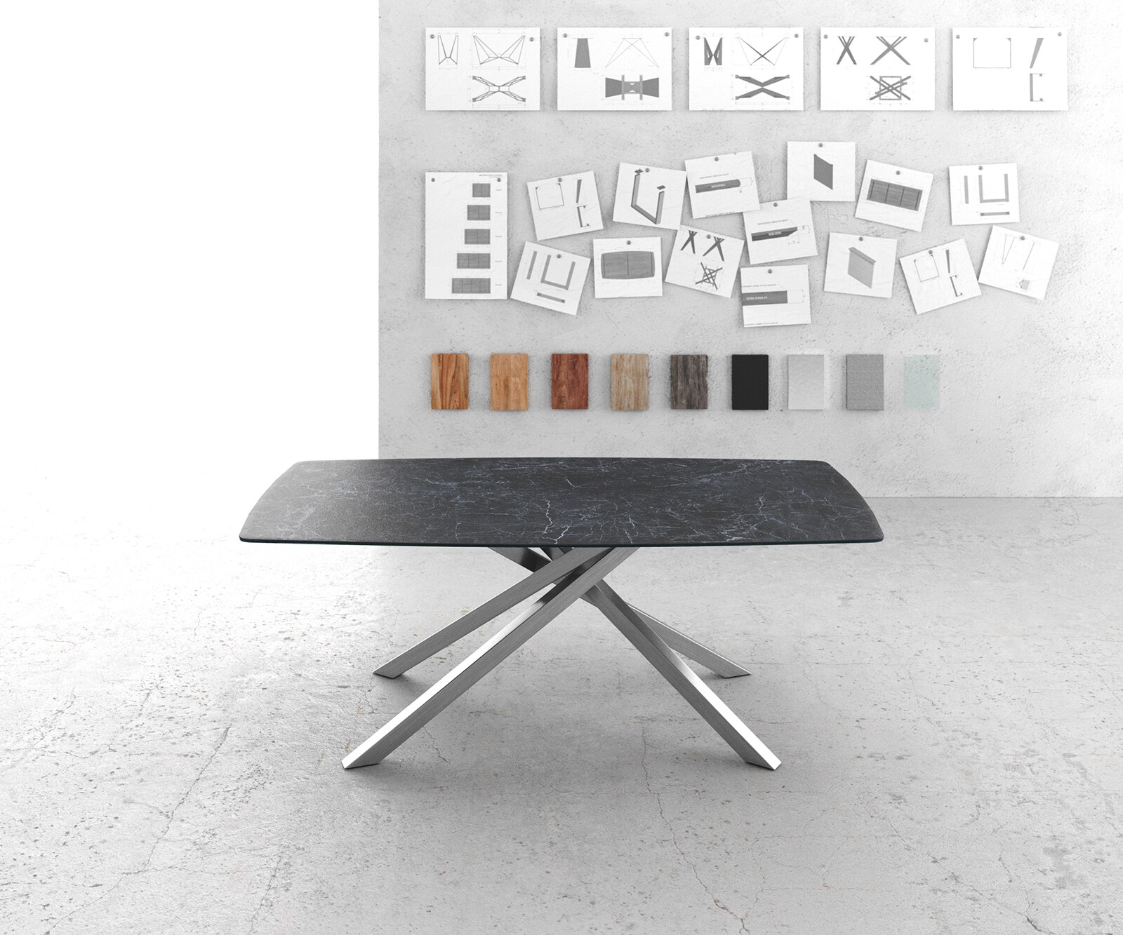 Eettafel Edge Bootsform 200x100cm Laminam® keramiek grijs middenpoot kruis zilver 5 Eettafel Edge Bootsform 200x100cm Laminam® keramiek grijs middenpoot kruis zilver 5