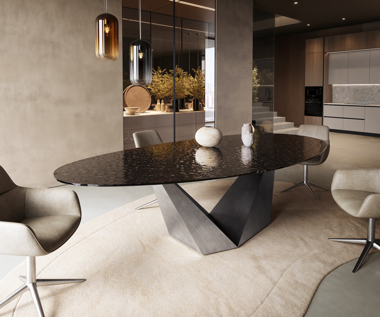 Eettafel Edge Oval 280x130 Reliefglas rookzwart 3D-Design Prisma metaal zilver 1