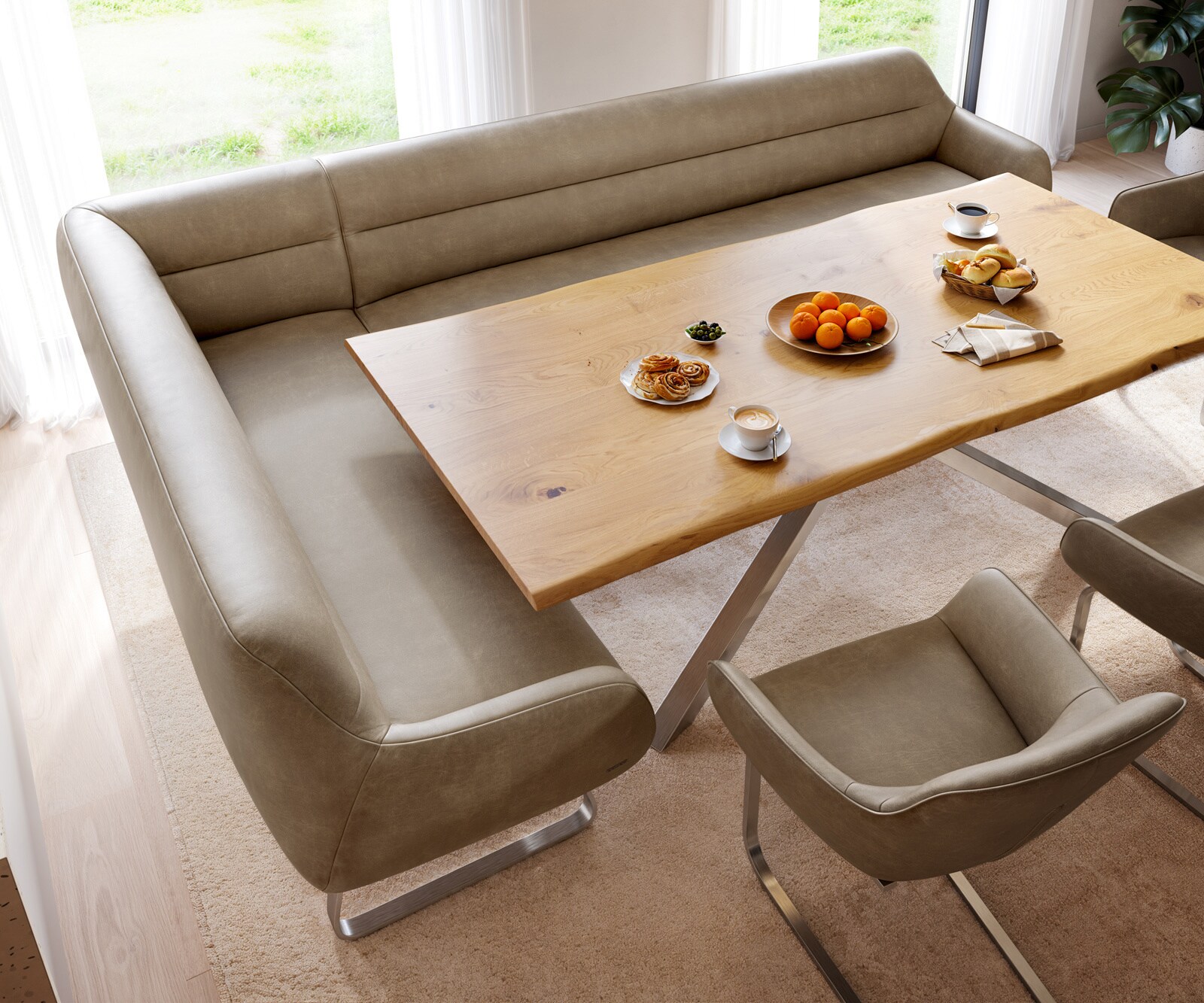 Eetkamerbank Taya-Flex 285x190 cm microvelours beige vintage platte sledebasis roestvrij staal pocketvering rechts 4