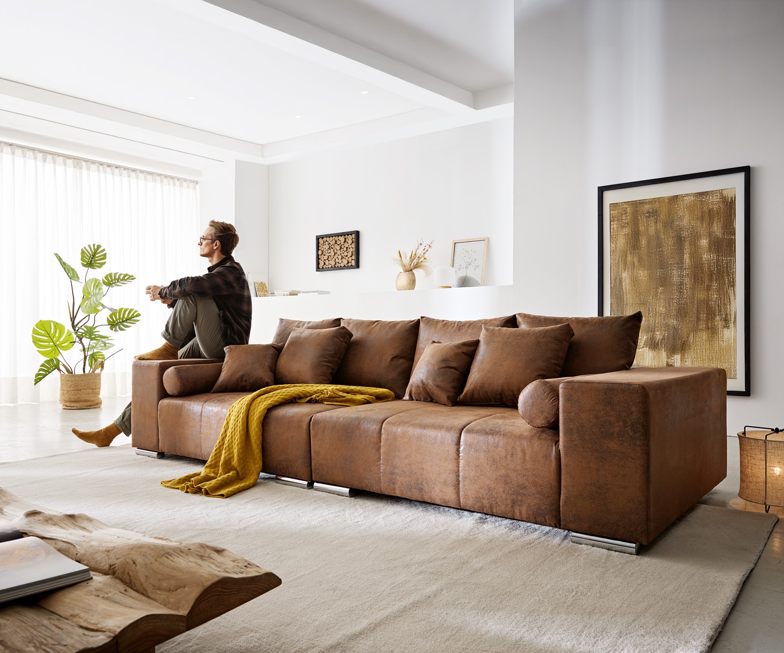 XXL-bank Marbeya 285x115 bruin antiek look met 10 kussens XXL-bank Marbeya 285x115 bruin antiek look met 10 kussens