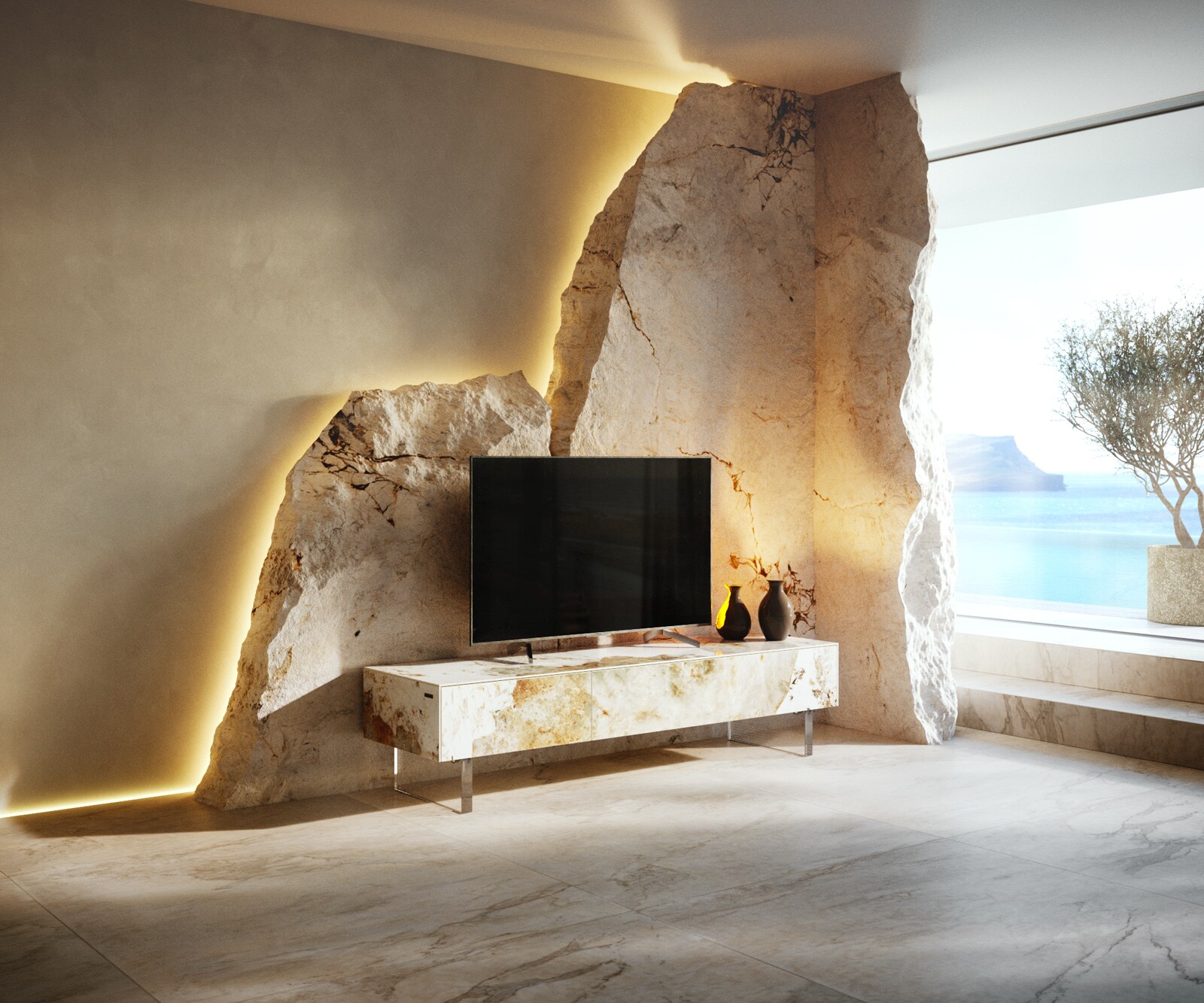Tv-meubel Cuor 150 cm Keramiek Minas Melange Wit-beige 1 Flap 1 Lade Zwevende voet look Acrylglas 1