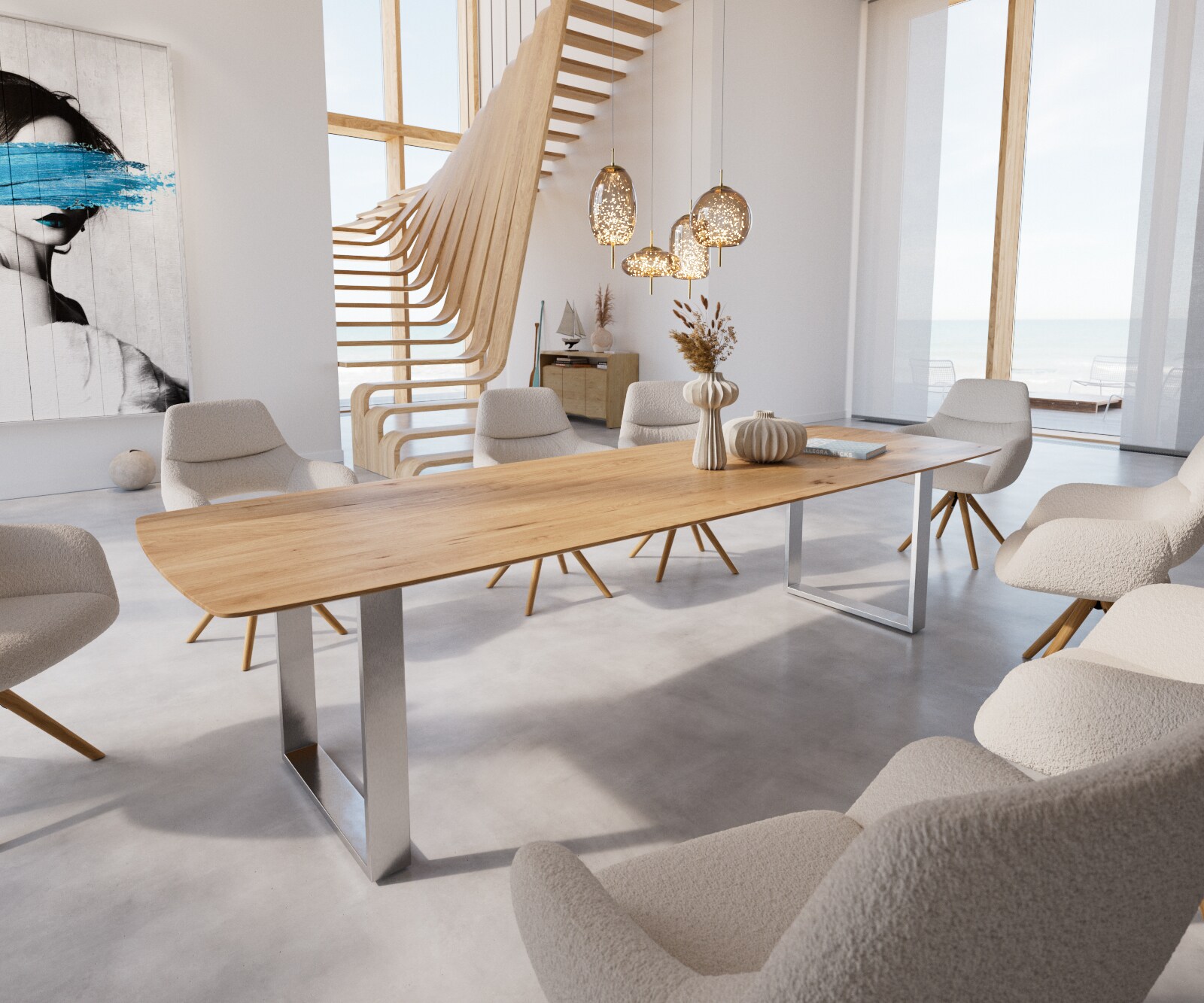 Eettafel Edge Boot 300x120 eiken natuur roestvrij staal  smal  Schweizer Kante
