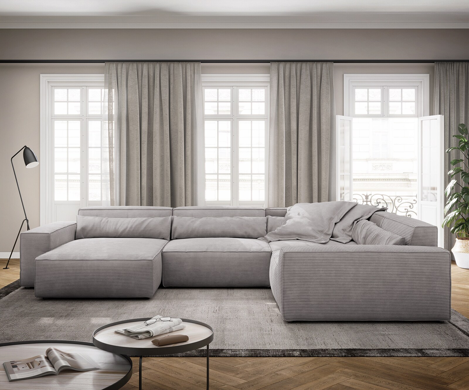 Woonkamerlandschap Sirpio XL 360x260 cm koord zilvergrijs recamiere variabele 1 Woonkamerlandschap Sirpio XL 360x260 cm koord zilvergrijs recamiere variabele 1