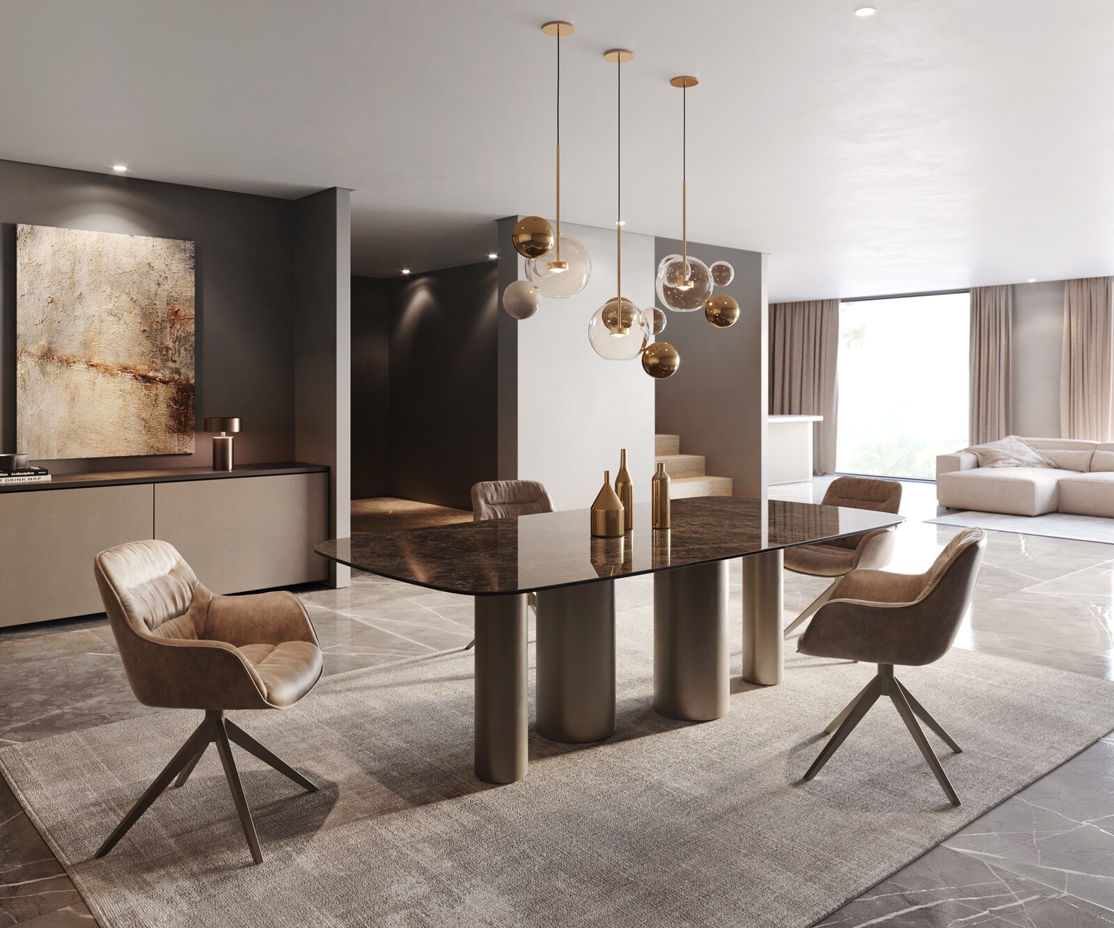 Eettafel Edge Boot Keramiek Emperador Extra Lucidato Donkerbruin 240x120 Pilier Metaal effectafwerking Titanium 5
