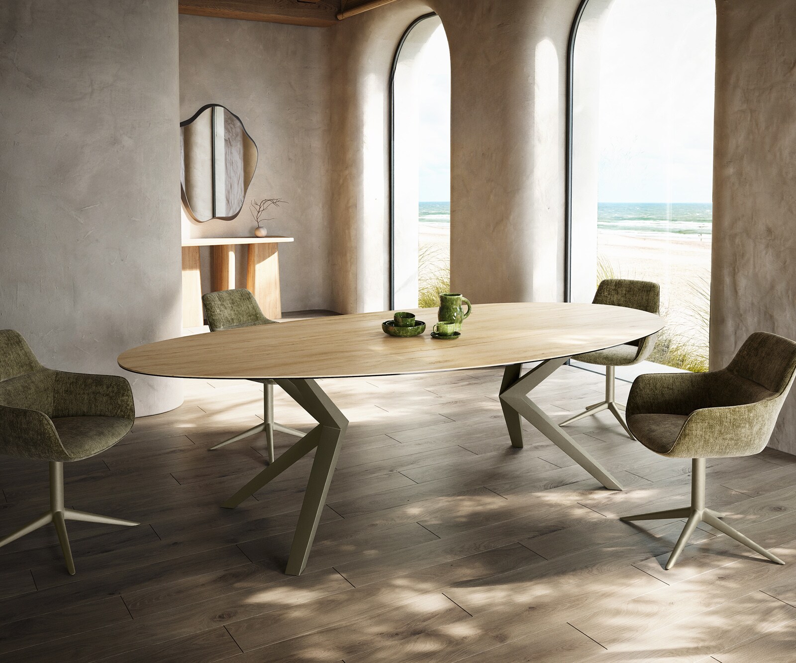 Eetkamertafel Edge ovaal 280x130 keramiek Laminam® Sabbia eiken kleur Zenthara hoekig metaal effectafwerking titaan 1