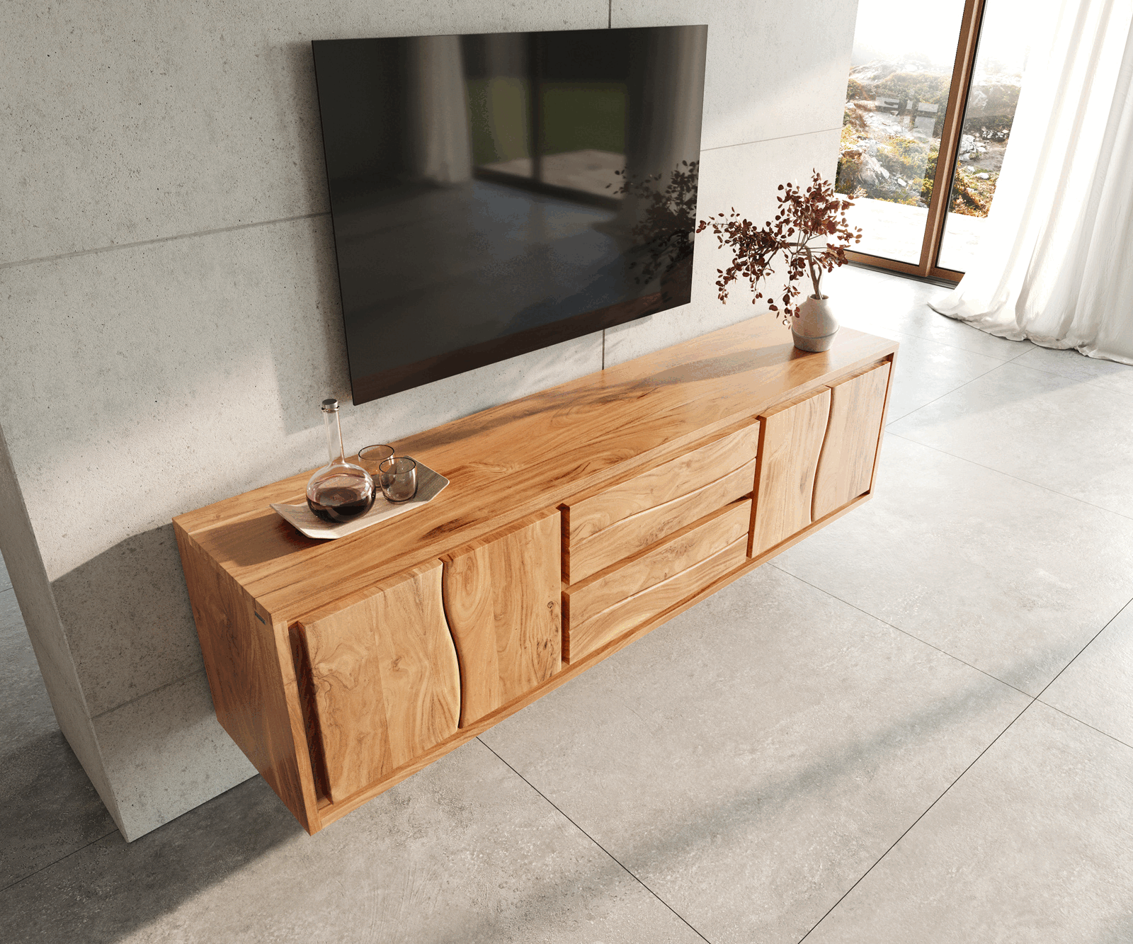 Tv-meubel Live-Edge 200 cm natuur acacia 4 deuren 2 laden zwevend 3