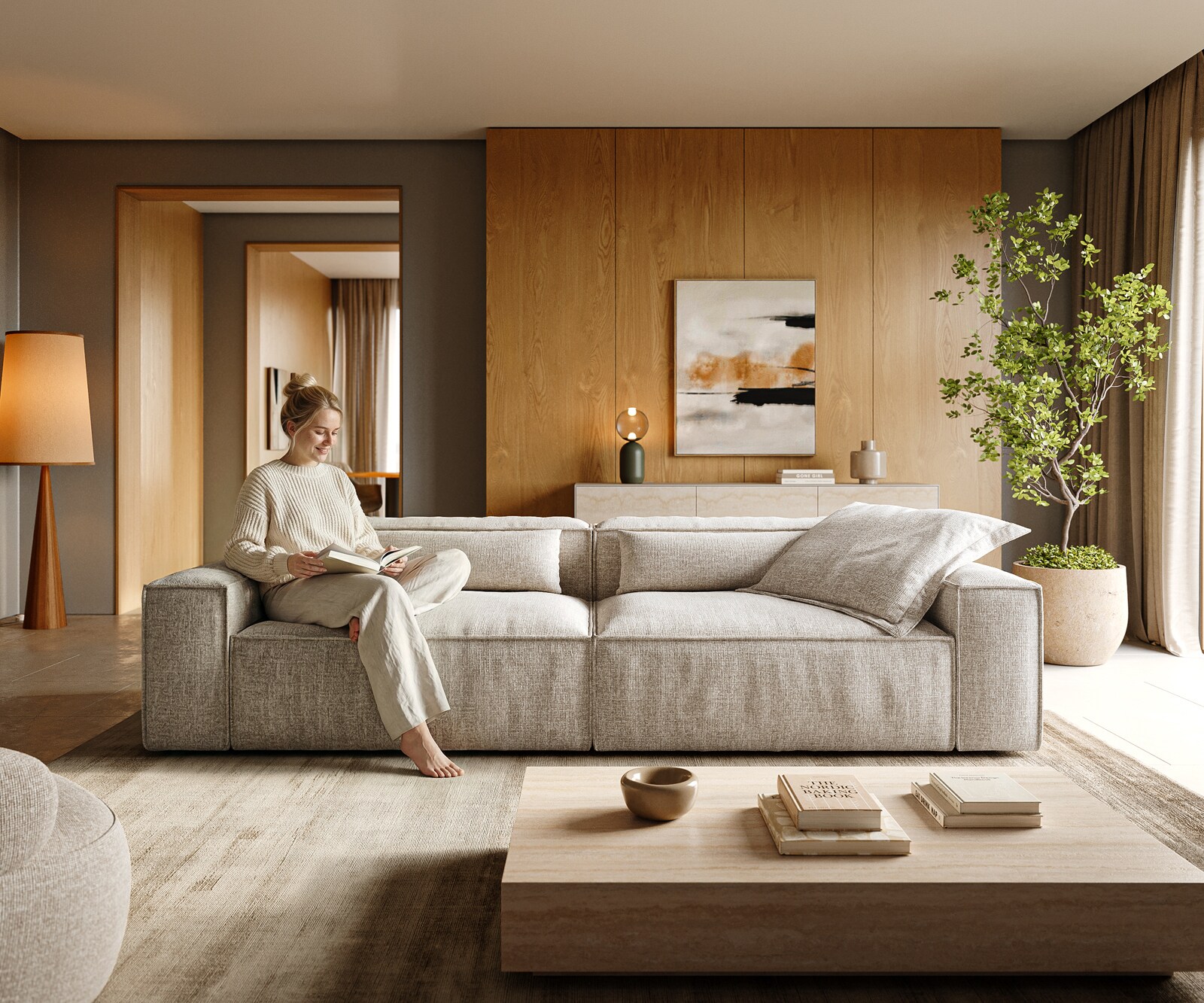 Bigsofa Freestyle 280x110 cm Zachte Geweven stof Beige kedernaad 2