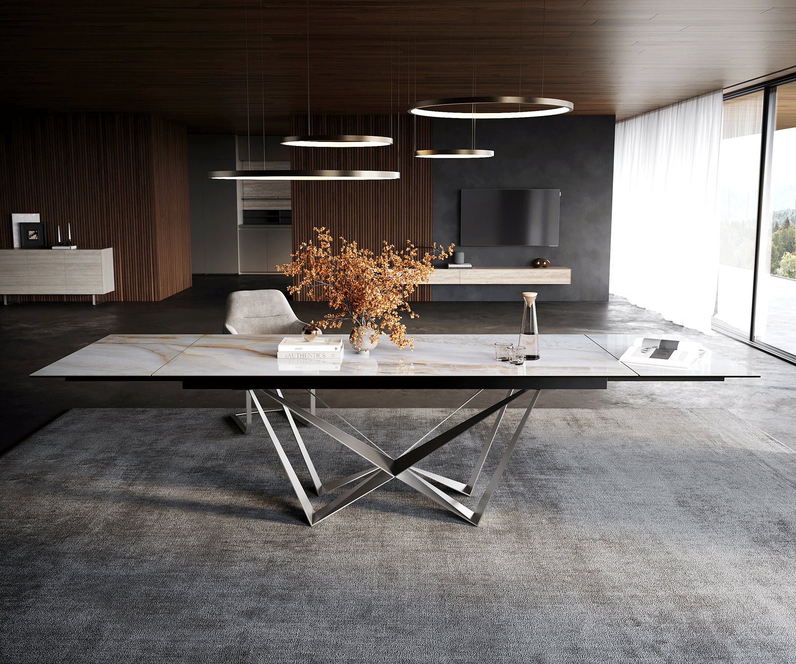Eettafel Edge 200-300x100 cm keramiek Onyx Pearl Spider plat staal roestvrij staal uittrekbaar 2