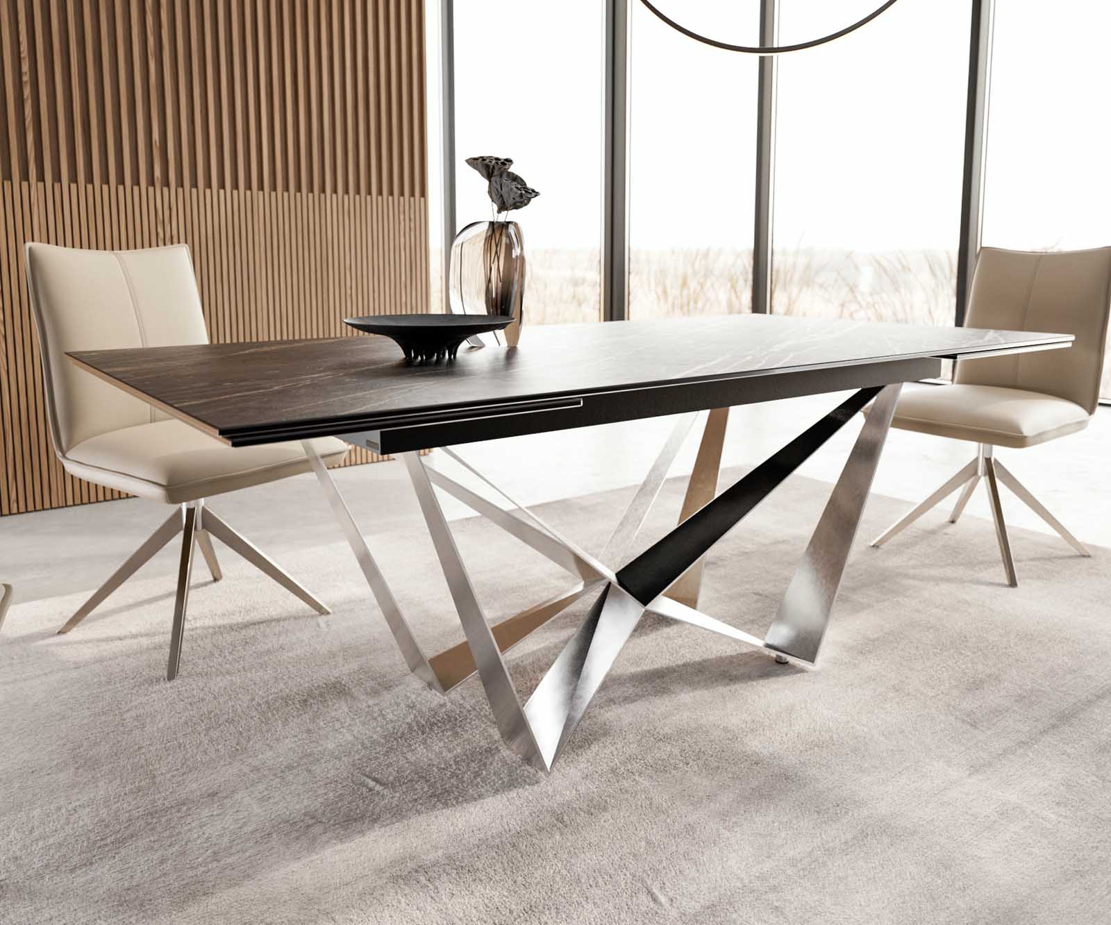 Eetkamertafel Edge 200-300x100 keramiek Laminam®Noir Desir bruin spider vlak staal RVS uitschuifbaar 6