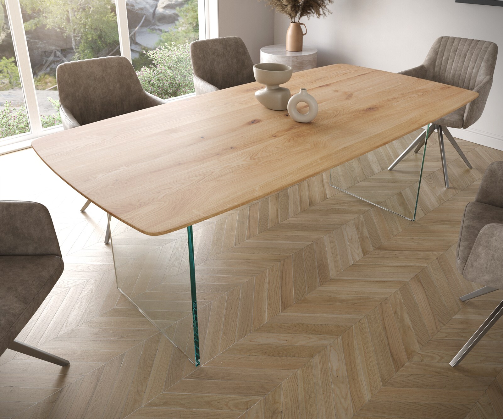 Eettafel Edge Boot 200x100x2,5-3 eiken natuur glas Schweizer Kante 4