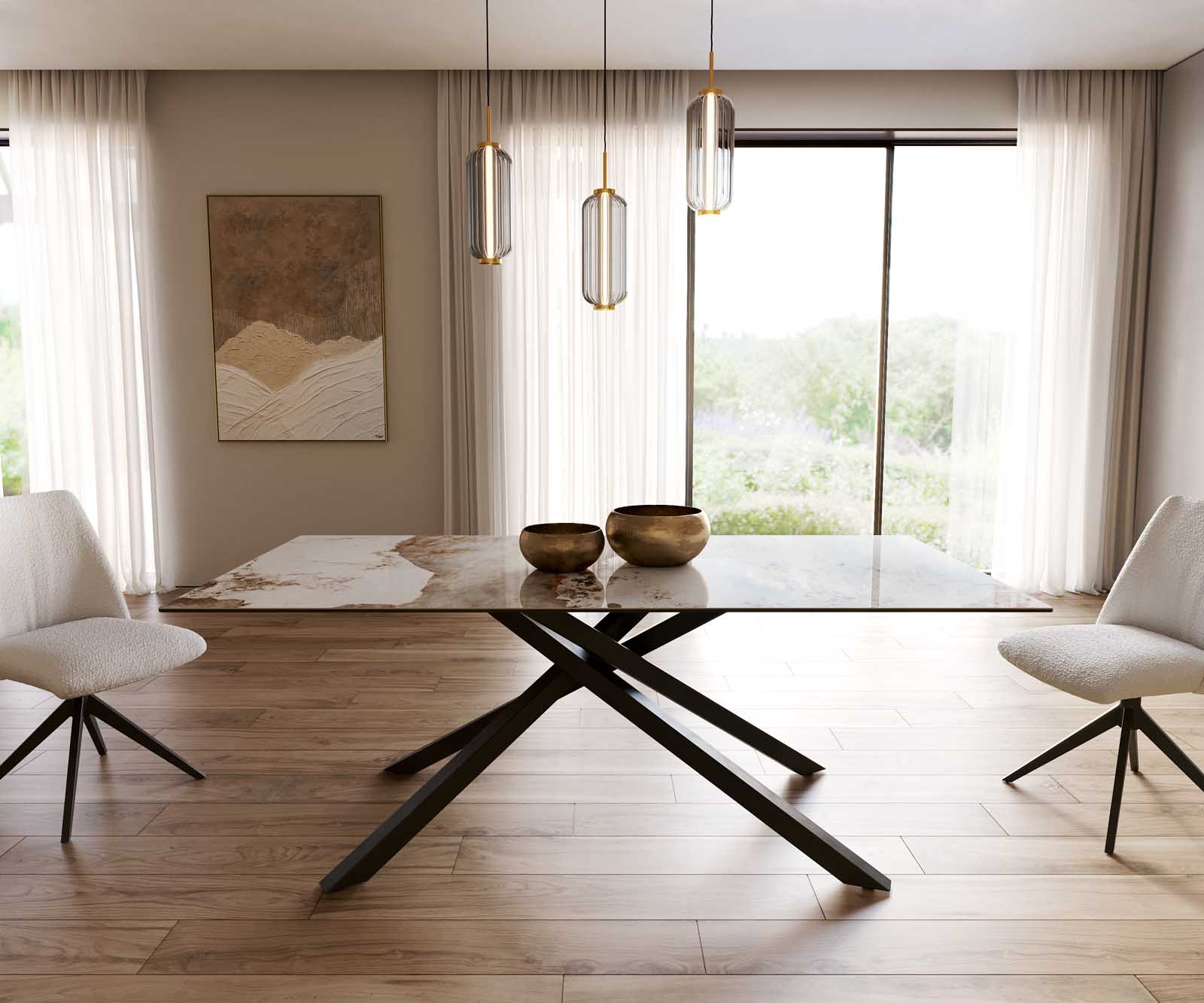 Eetkamertafel Edge 200x100 keramiek Minas Melange wit-beige kruisframe rechthoek zwart 2
