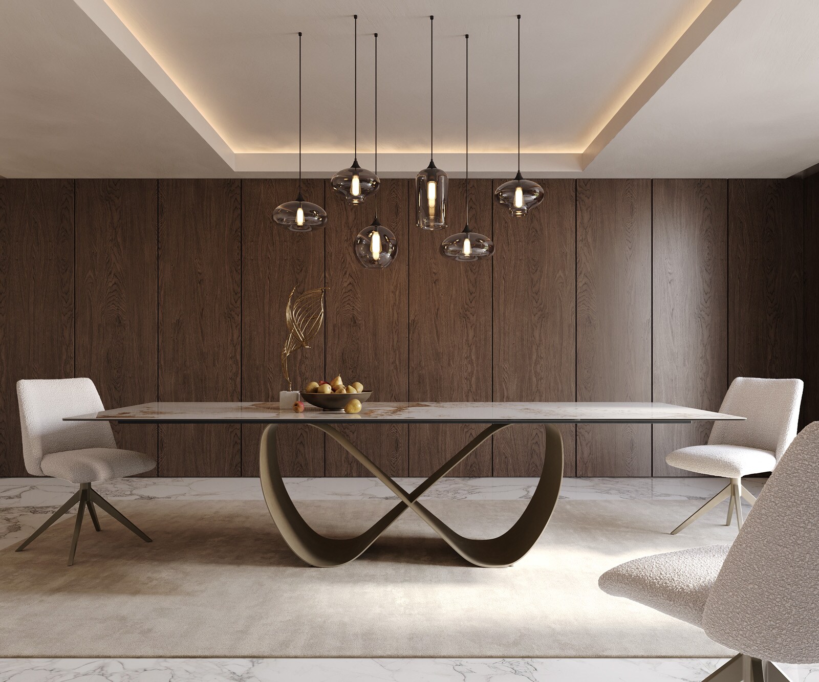 Eettafel Edge 300x100cm keramiek Minas Melange wit-beige Infinity metaal effect afwerking titanium 1