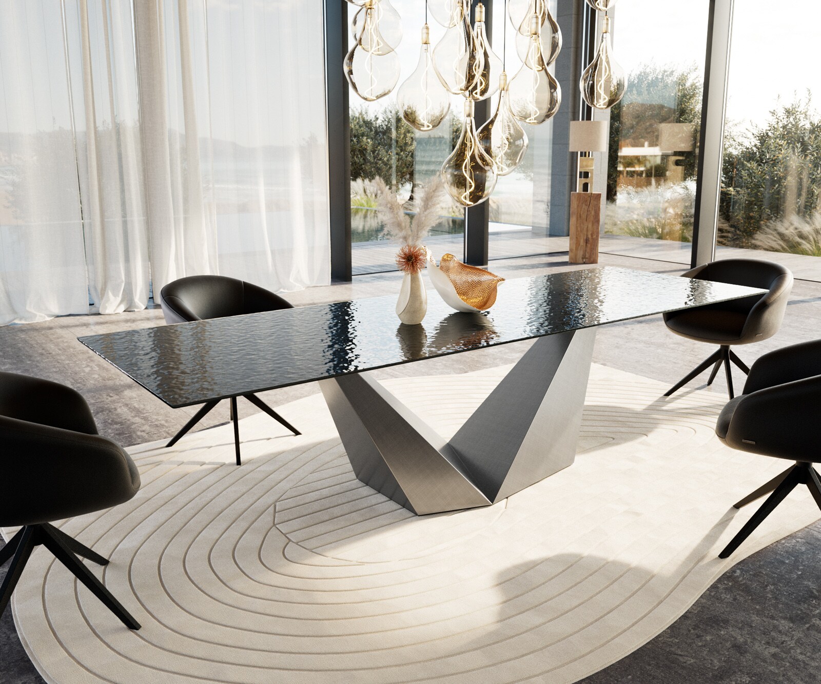 Eettafel Edge 300x100 Reliefglas zwart 3D-Design Prisma metaal zilver