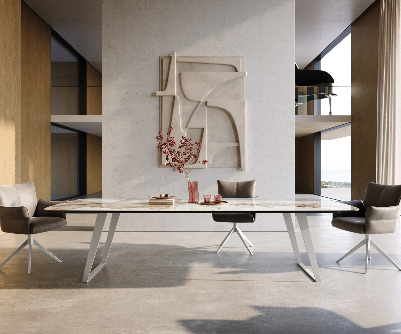 Eettafel Edge Boot 300x120 cm Keramiek Minas Melange Wit-Beige Metaal Schräg Wit 2