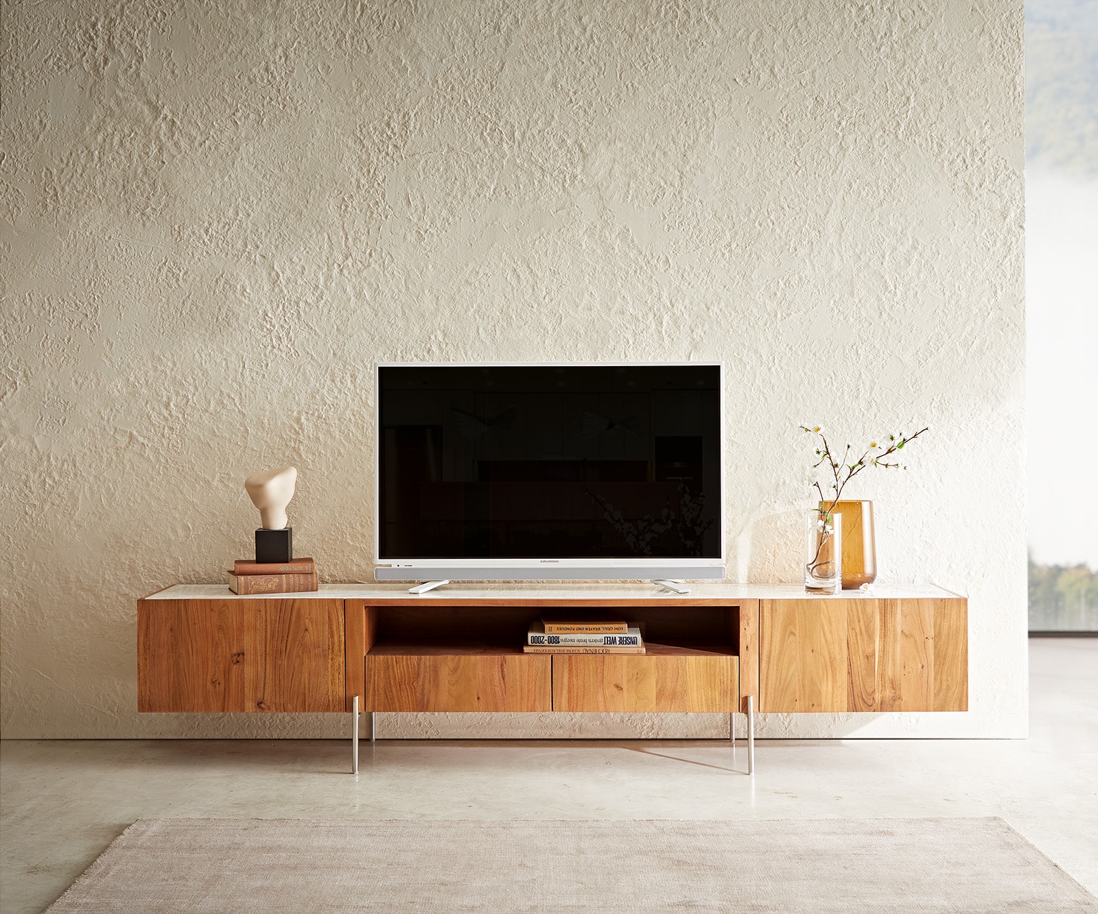 TV-meubel Secara 220 cm acacia natuur 2 deuren 2 laden marmeren poten roestvrij staal 1 TV-meubel Secara 220 cm acacia natuur 2 deuren 2 laden marmeren poten roestvrij staal 1