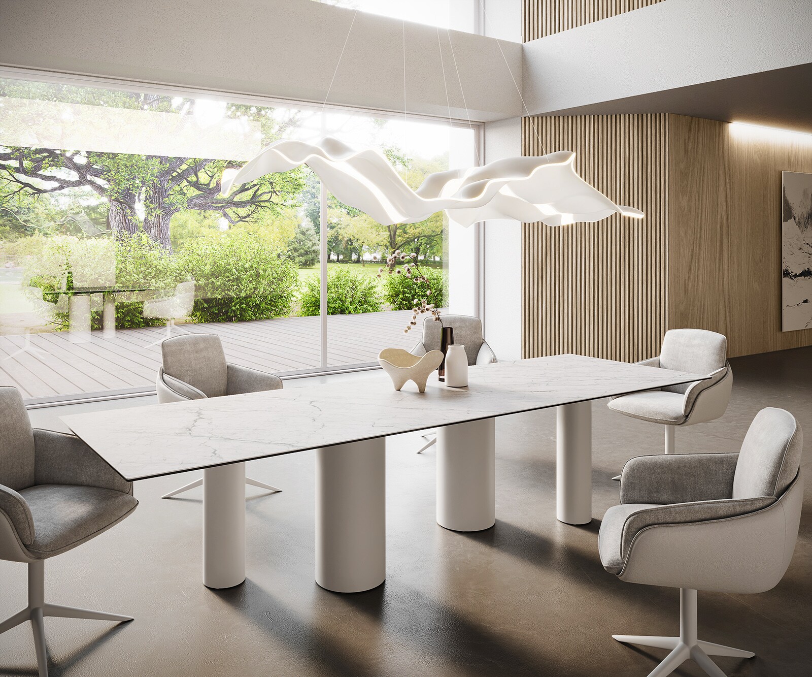 Eetkamertafel Edge 300x100 keramiek Laminam®Statuarietto wit Pilier metaal wit