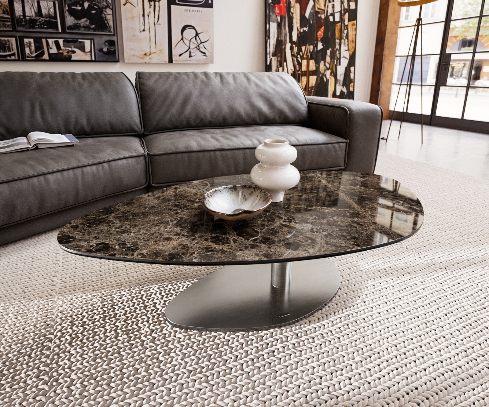 Salontafel Edge Organisch 140x76 cm keramiek Laminam® Emperador Extra Lucidato donkerbruin Vibany geborsteld roestvrij staal 2