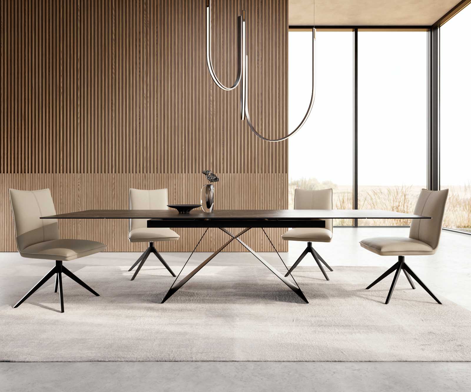 Eetkamertafel Edge 200-300x100 keramiek Laminam®Noir Desir bruin V-frame vlak staal zwart uitschuifbaar 1