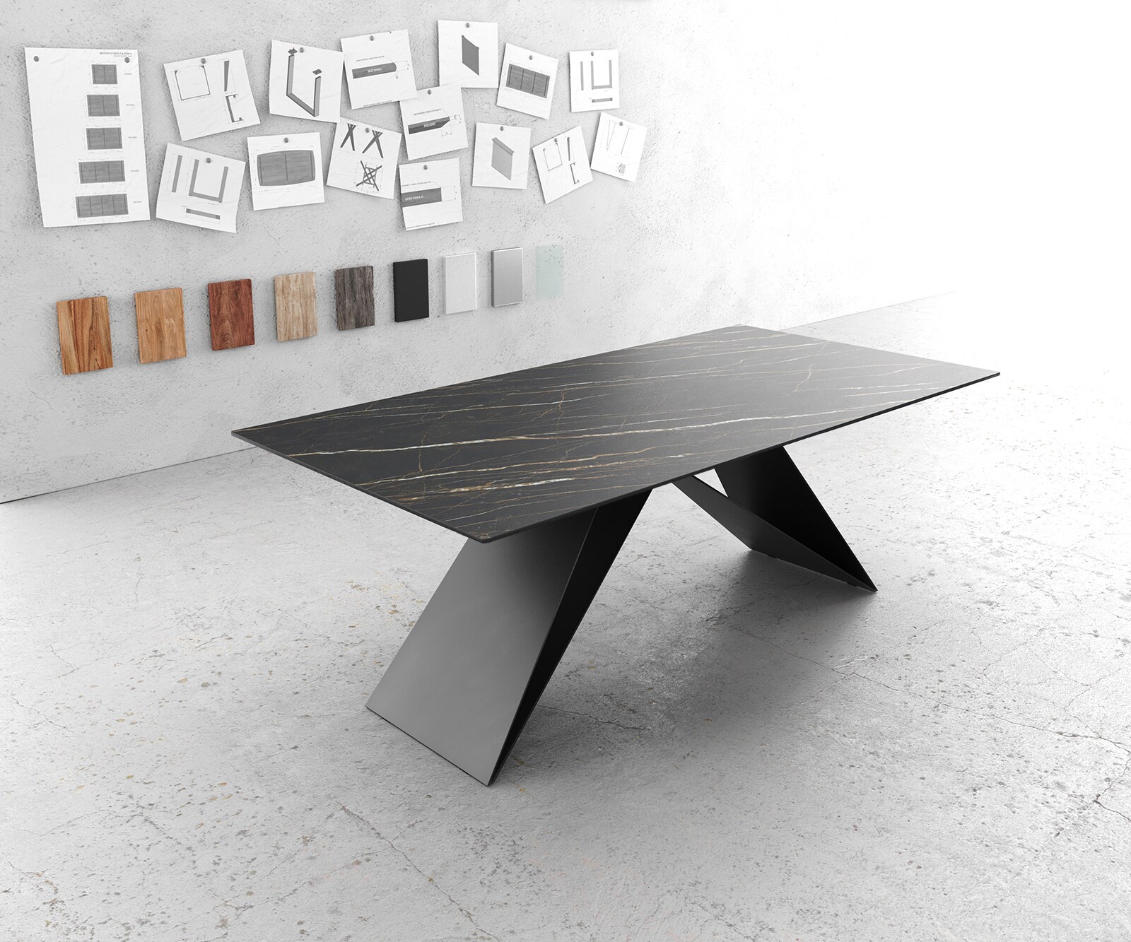 Eettafel Edge 200x100cm Laminam® keramiek bruin V-middenpoot zwart