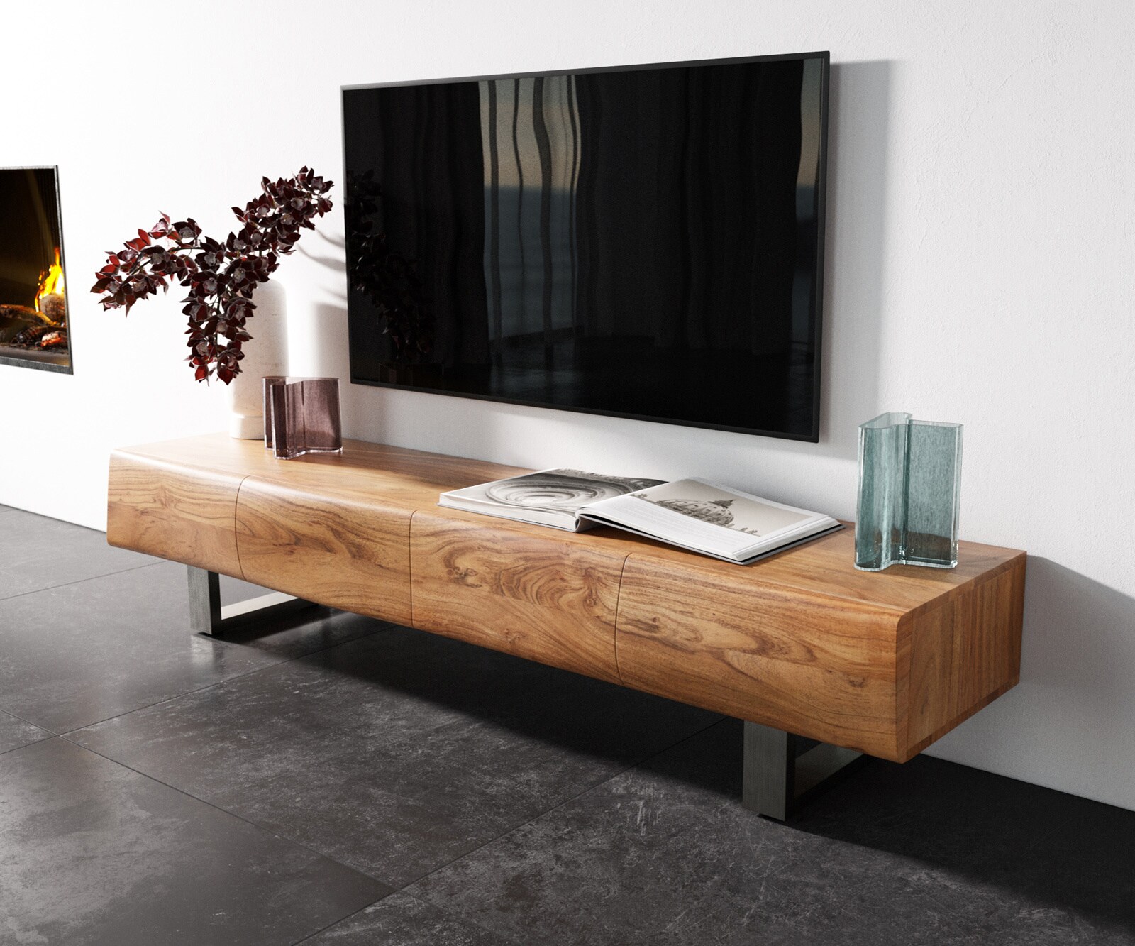 TV-meubel New Live-Edge 175 cm acacia natuur 4 deuren sledepoten roestvrij staal geborsteld