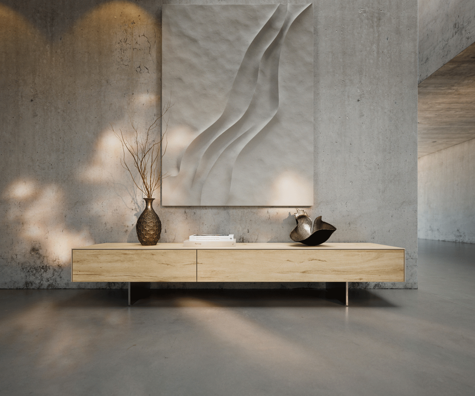 Tv-meubel Cuor 200 cm Keramiek Laminam® Sabbia Eiken gekleurd 1 Flap 1 Lade Zwevende voet look Roestvrij staal 1