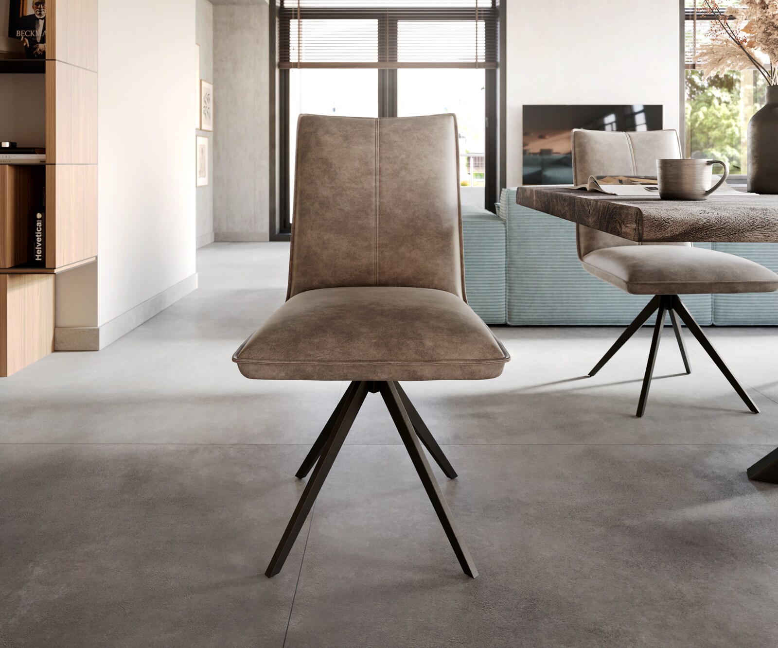 Eetkamerstoel Lelio-Flex microvelours taupe vintage kruisframe breed zwart pocketveer kern 1 Eetkamerstoel Lelio-Flex microvelours taupe vintage kruisframe breed zwart pocketveer kern 1