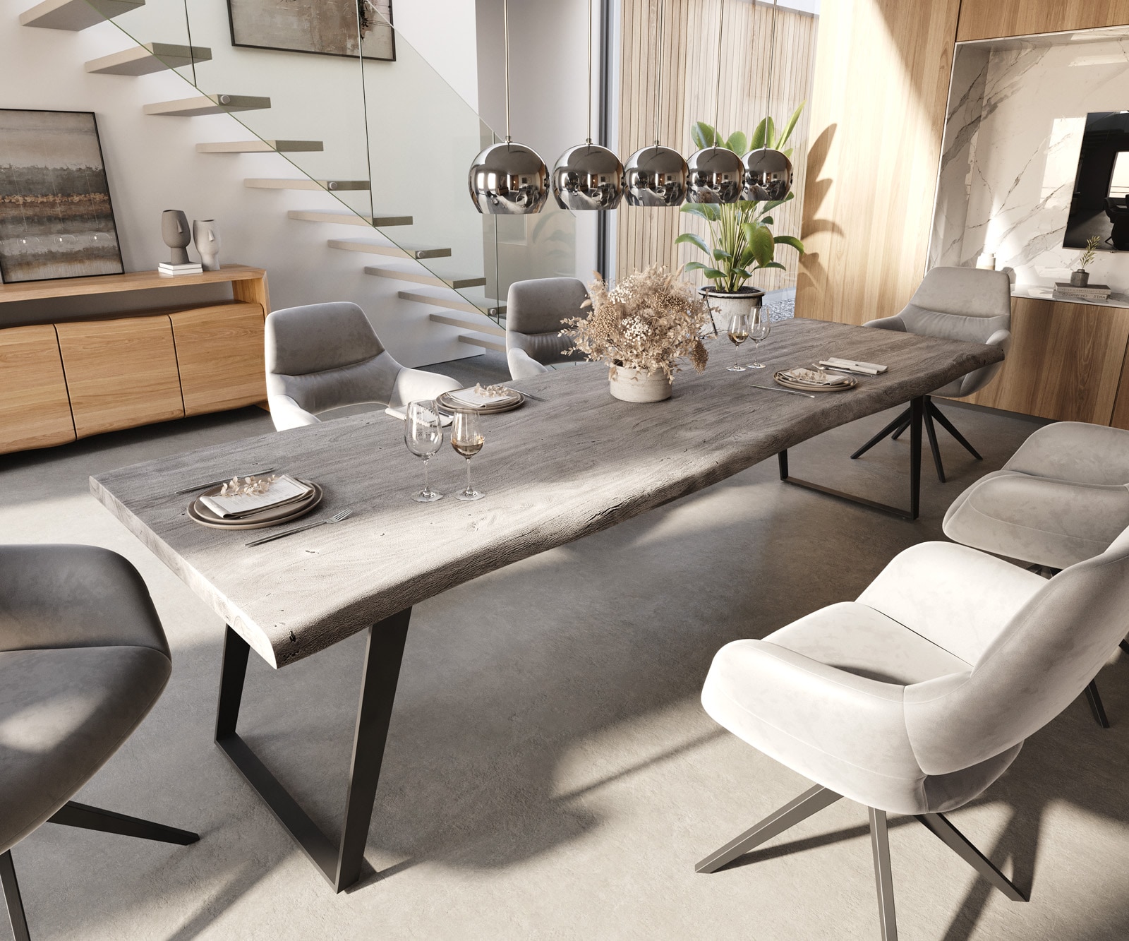 Eettafel Edge 300x100 XL acacia platina metaal schuin Live-Edge Eettafel Edge 300x100 XL acacia platina metaal schuin Live-Edge