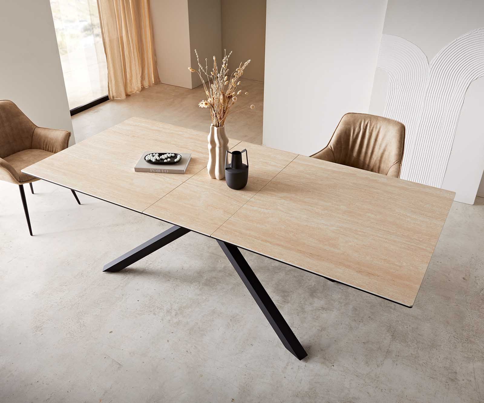 Eetkamertafel Edge 180-220x100 keramiek Travertin natuur kruisframe rechthoek zwart uitschuifbaar 5