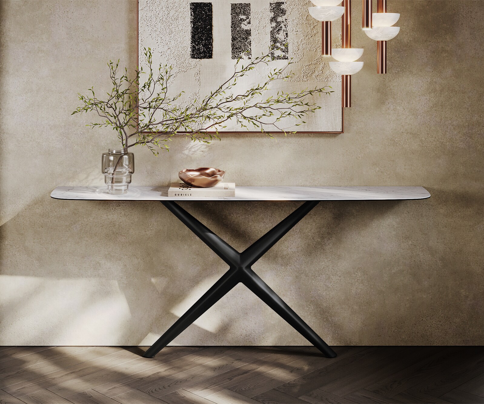 Consoletafel Edge Bootvorm 180x40 cm Keramiek Laminam® Statuarietto Weiß Estelo Metaal Zwart 1