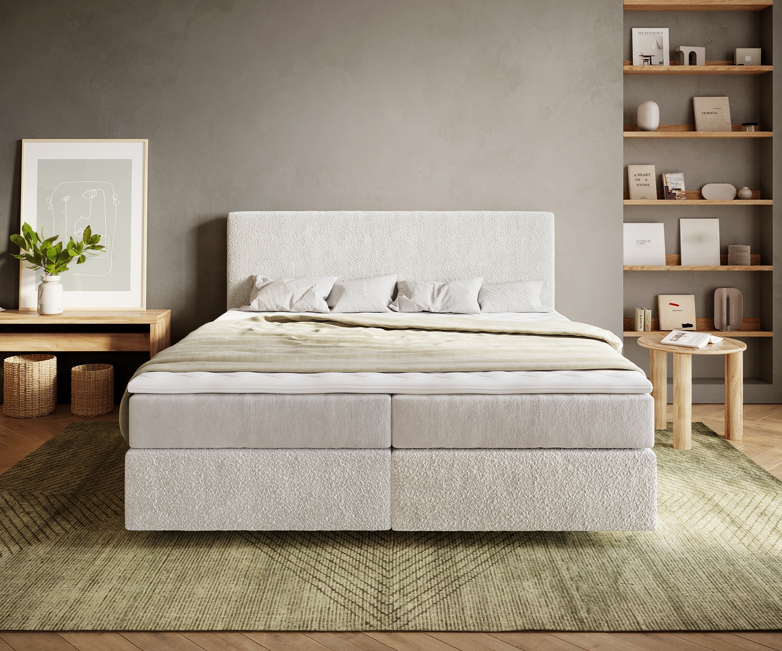 Boxspringbed Dream-Well 180x200 cm Bouclé Crème-Wit met Pocketveringmatras en Topper Visco 1 Boxspringbed Dream-Well 180x200 cm Bouclé Crème-Wit met Pocketveringmatras en Topper Visco 1