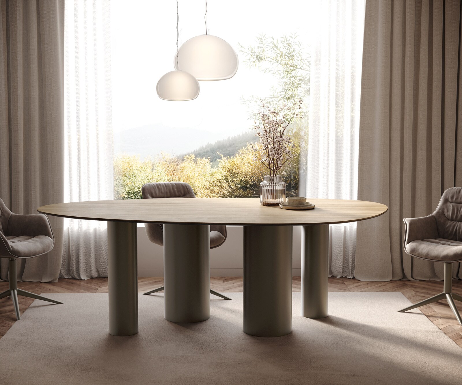 Eetkamertafel Edge ovaal 220x120 keramiek Laminam® Sabbia eiken kleur Pilier metaal effectafwerking titaan 2