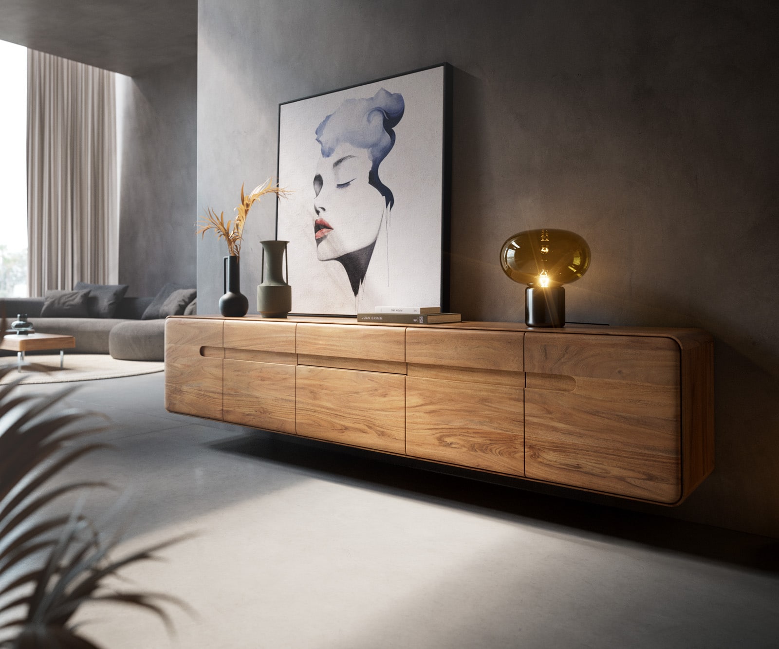 Tv-meubel Anaya 220 cm natuur acacia 4 deuren 2 laden Zwevend 2