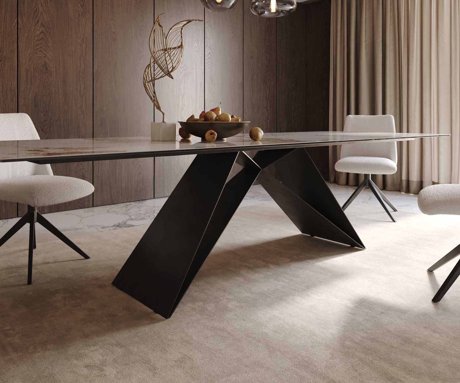 Eetkamertafel Edge 300x100 keramiek Minas Melange wit-beige V-frame vlak staal zwart 7