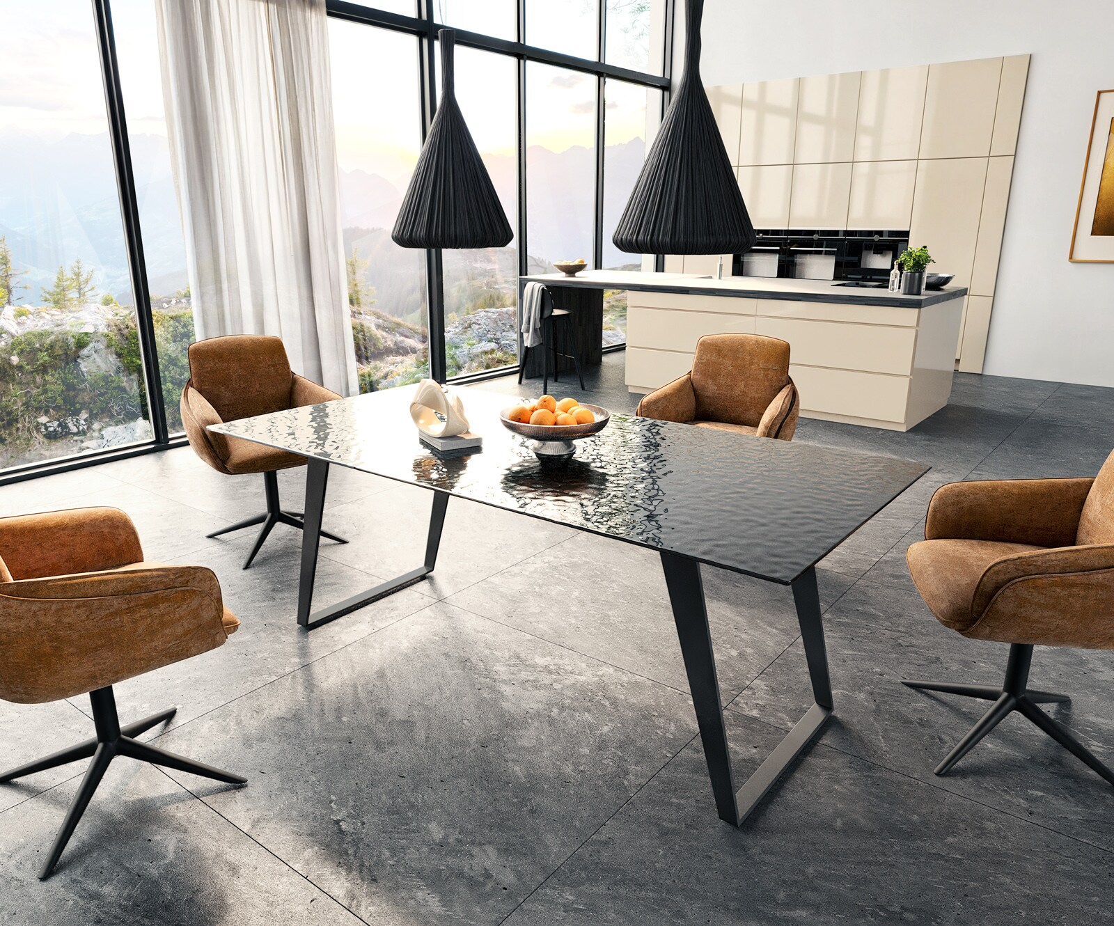 Eetkamertafel Edge 200x100 Glas smelten rokerig zwart 3D-Relief metaal schuin zwart 5