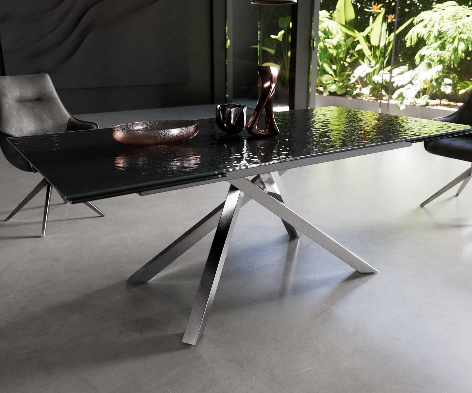 Eetkamertafel Edge 200-300x100 Glas smelten rokerig zwart 3D-Relief kruisframe rechthoek RVS uitschuifbaar 5