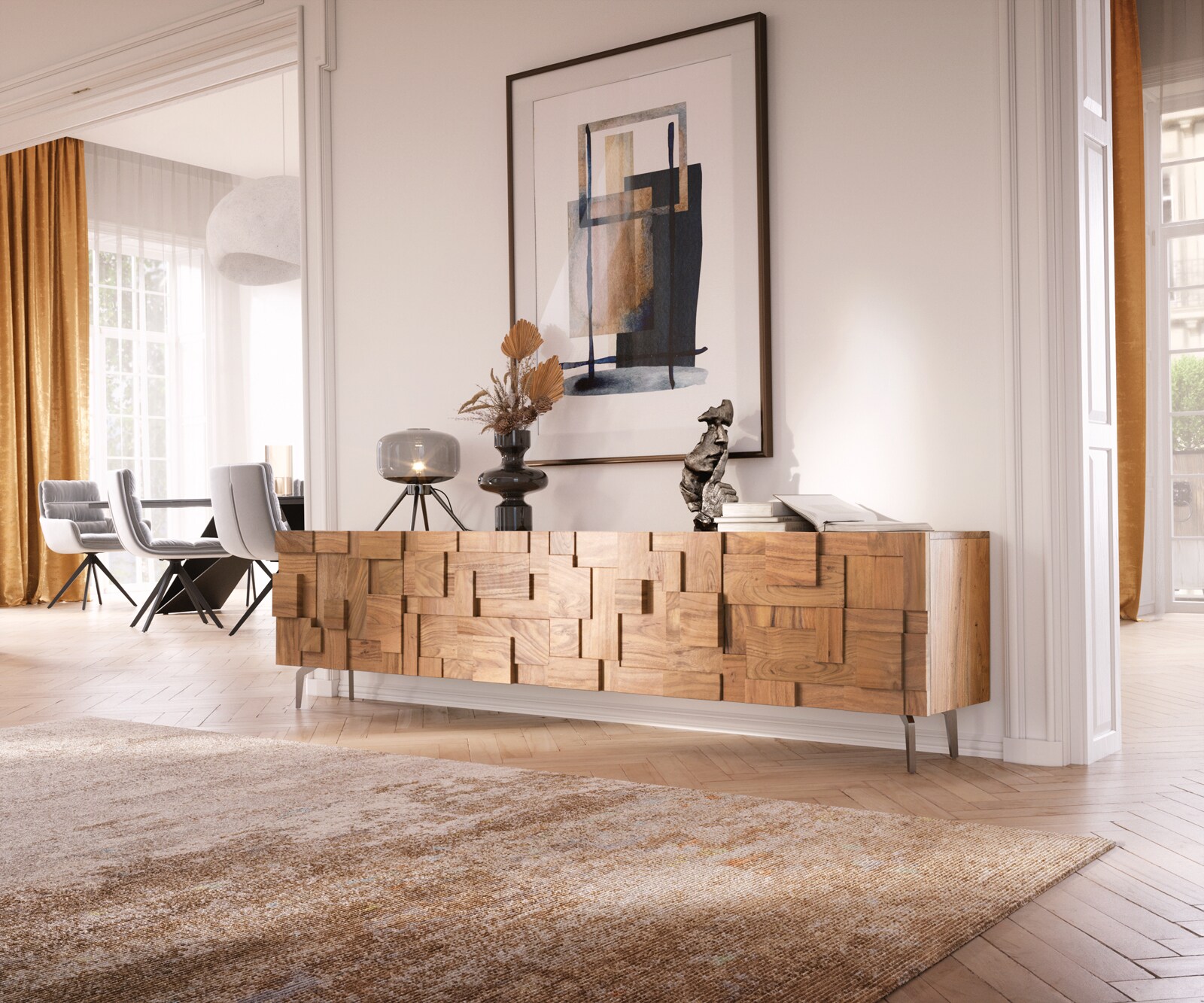 Tv-meubel Puzzle 220cm acacia natuur 4 deuren winkelvoet roestvrijstaal