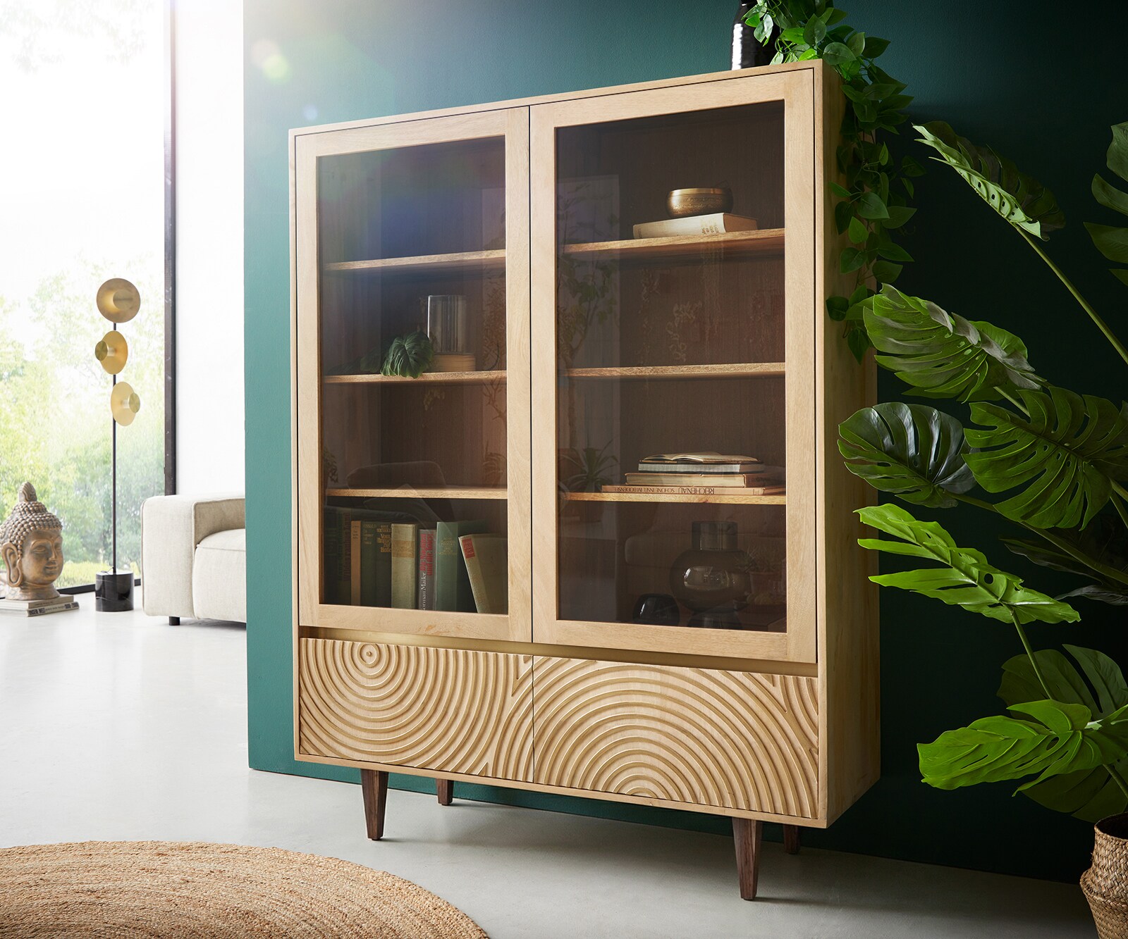 Vitrine Budaya 115 x 135 cm mango natuur 4 deuren vierkante poten