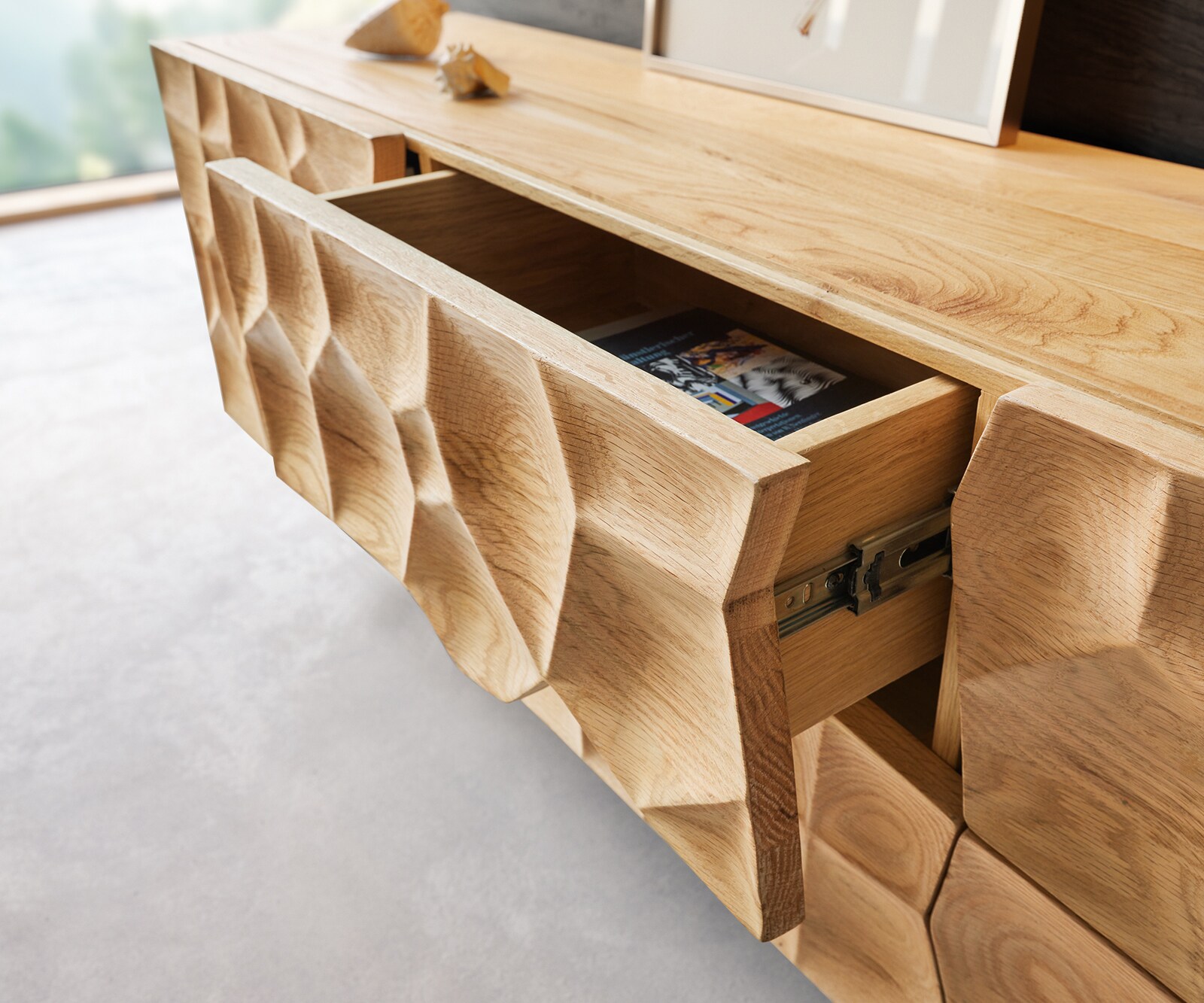 Tv-meubel Solu 220 cm natuur eiken 2 deuren 4  laden zwevend 3D front 4