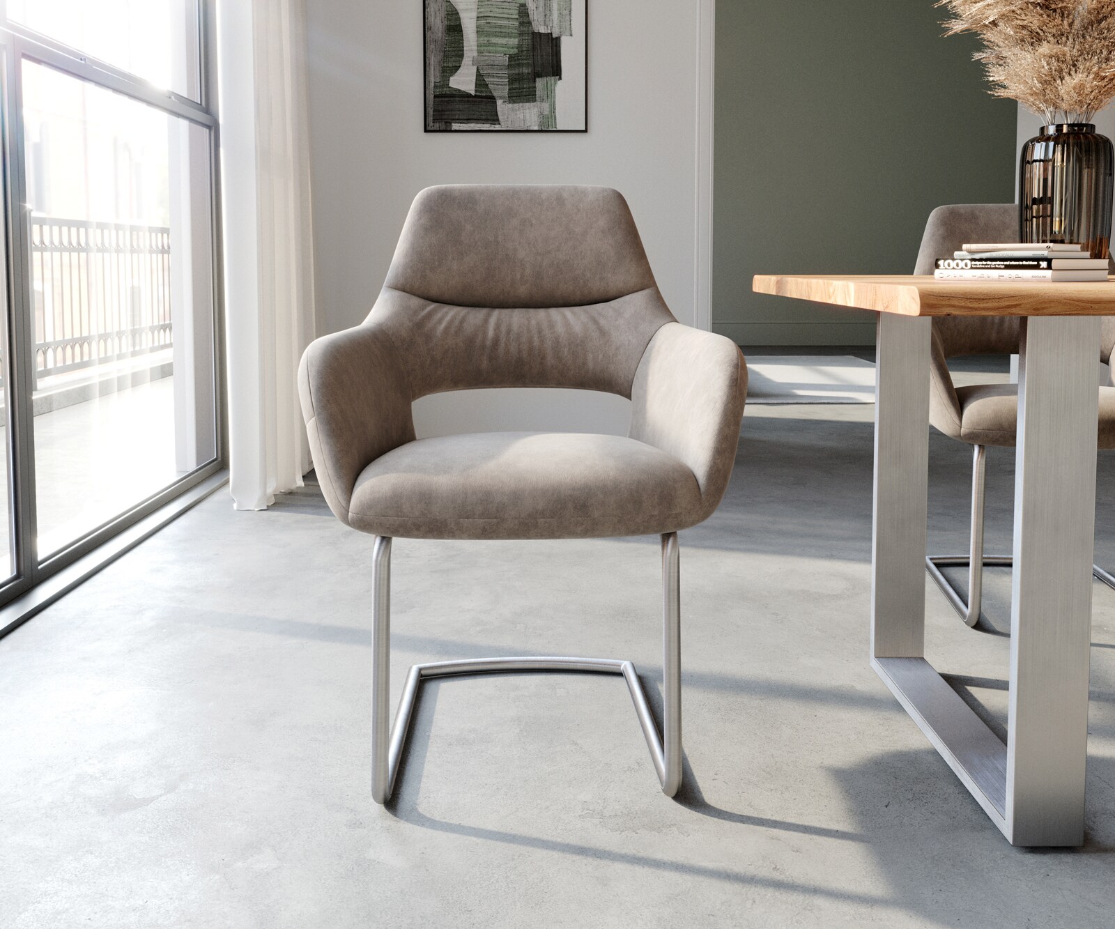 Sledemodel Yago-Flex met armleuning microvelours taupe vintage sledemodel rond roestvrij staal pocketveer kern 2