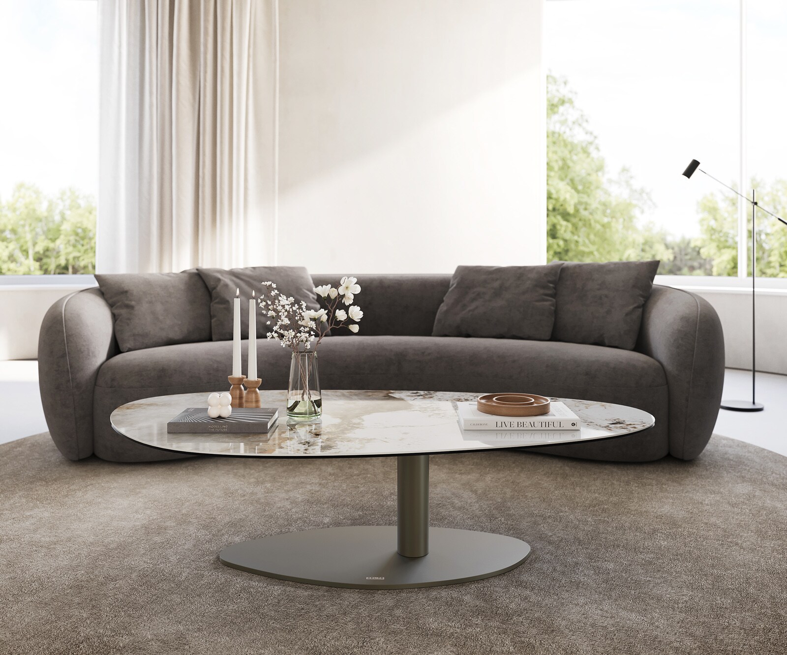 Salontafel Edge Oval 140x75 cm keramiek Minas Melange Vibany Metall effectafwerking titaan 2