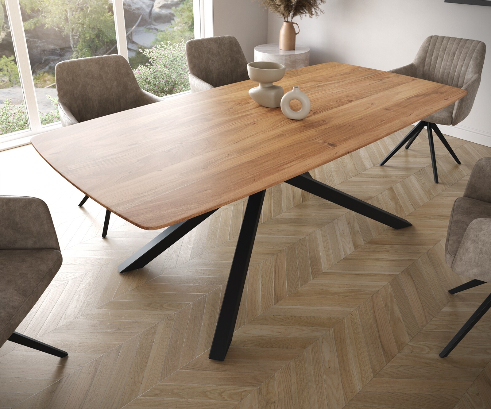 Eettafel Edge Boot 200x100 acacia natuur kruisframe rechthoek zwart  Schweizer Kante 3