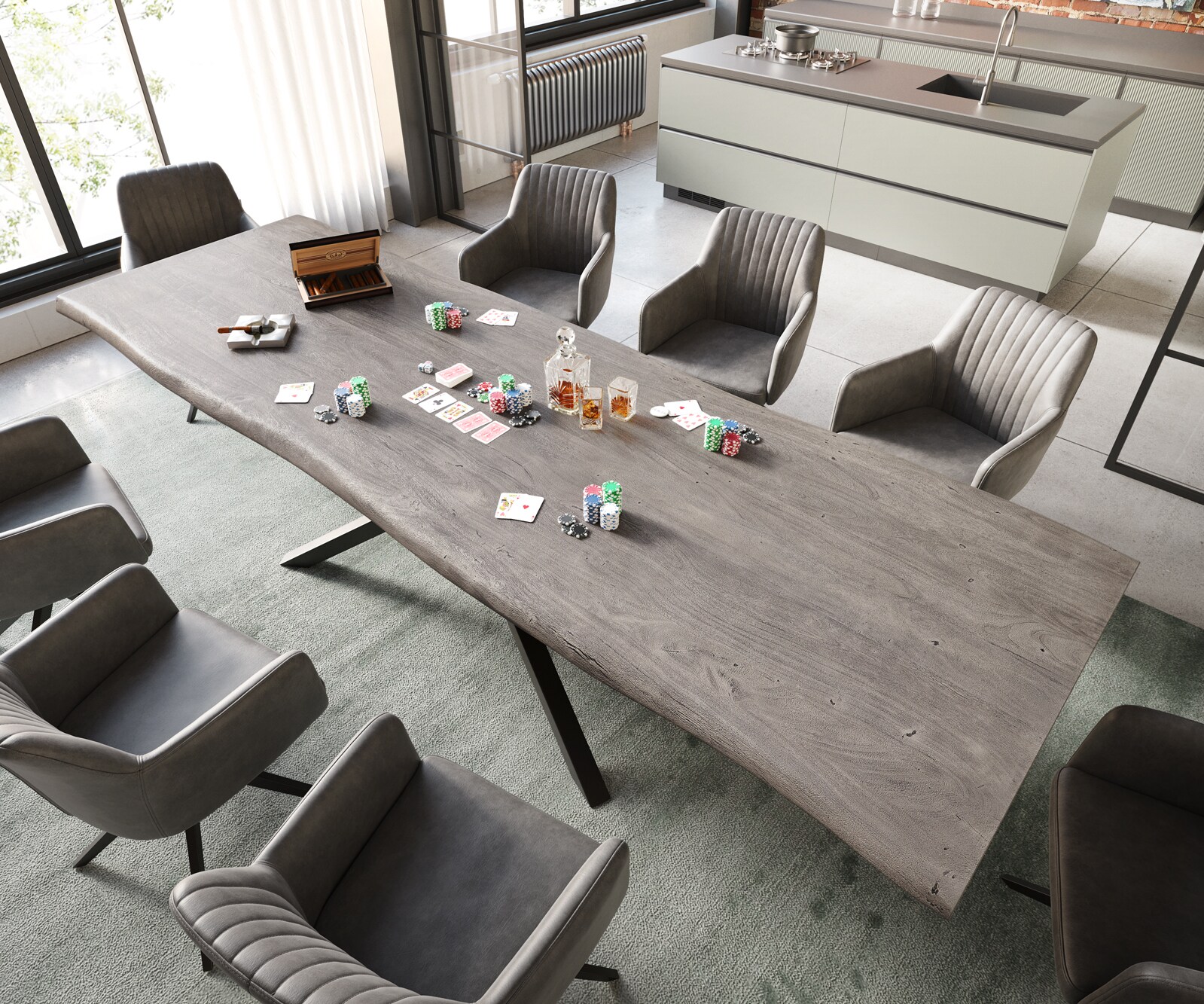 Eettafel Edge 300x100 XL acacia platina  kruisframe rechthoek zwart  Live-Edge 2