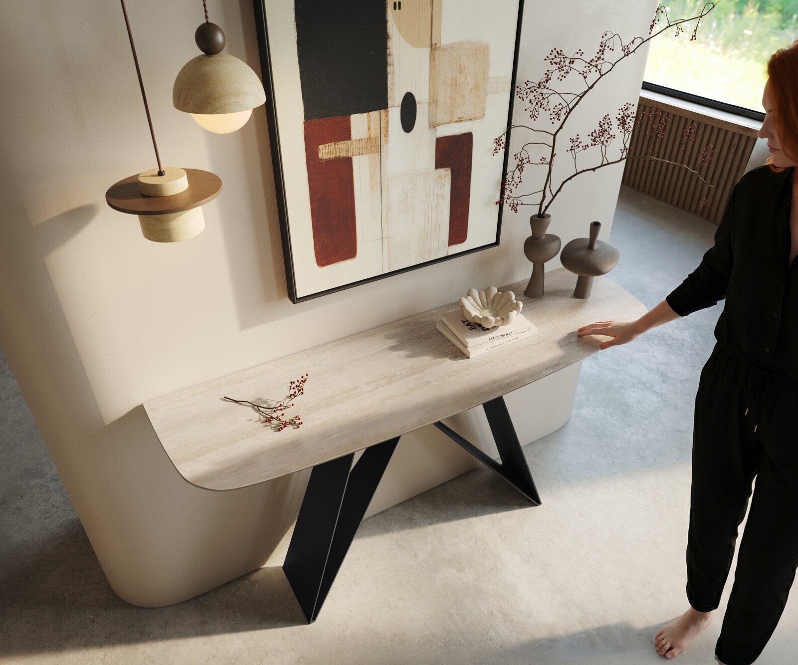 Consoletafel Edge Bootvorm 140x40 cm Keramiek Laminam® Travertino Bianco Creme-Weiß Velio Metaal Zwart 2