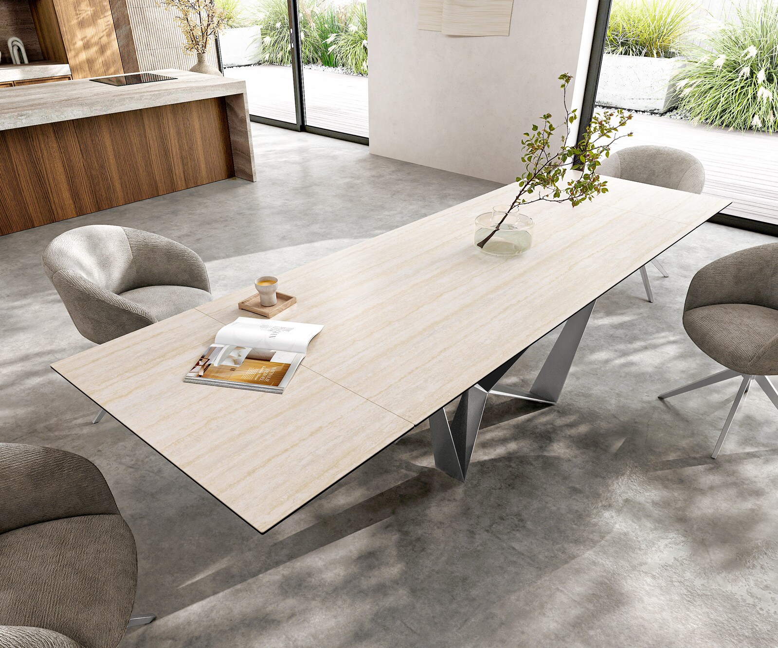 Eettafel Edge 200-300x100 keramiek  Laminam® Travertino Bianco Creme-wit Spider vlak staal RVS uitrekbaar 3