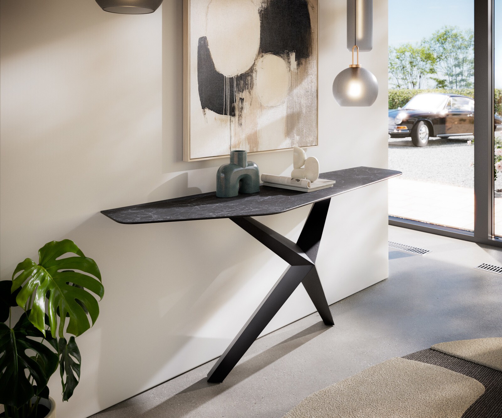 Consoletafel Edge Polygonaal 180x50 cm Keramiek Laminam® Nero Greco Anthrazit Zentharo Metaal Zwart 1
