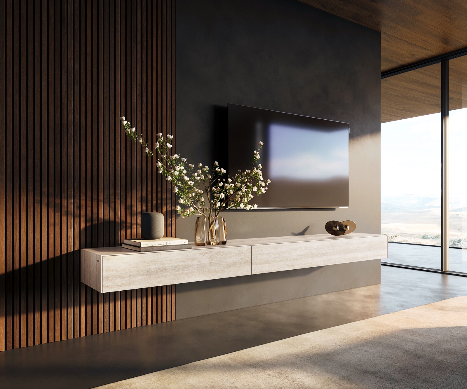 Tv-meubel Cuor 250 cm Keramiek Laminam® Travertino Bianco Crème-wit 1 Flap 1 Lade Zwevend