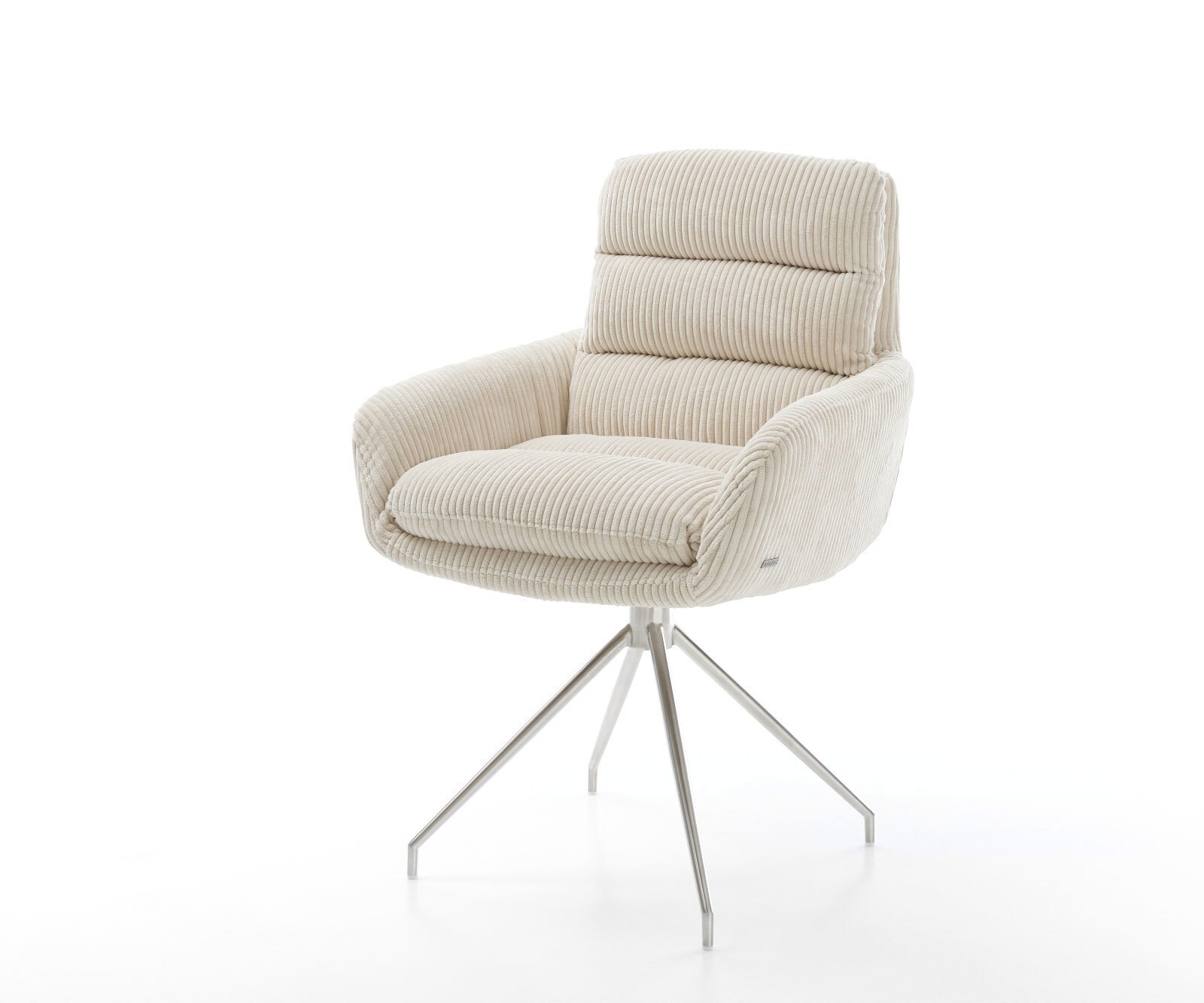 Eetkamerstoel Abelia-Flex met armleuning koord beige kruisframe conisch roestvrij staal