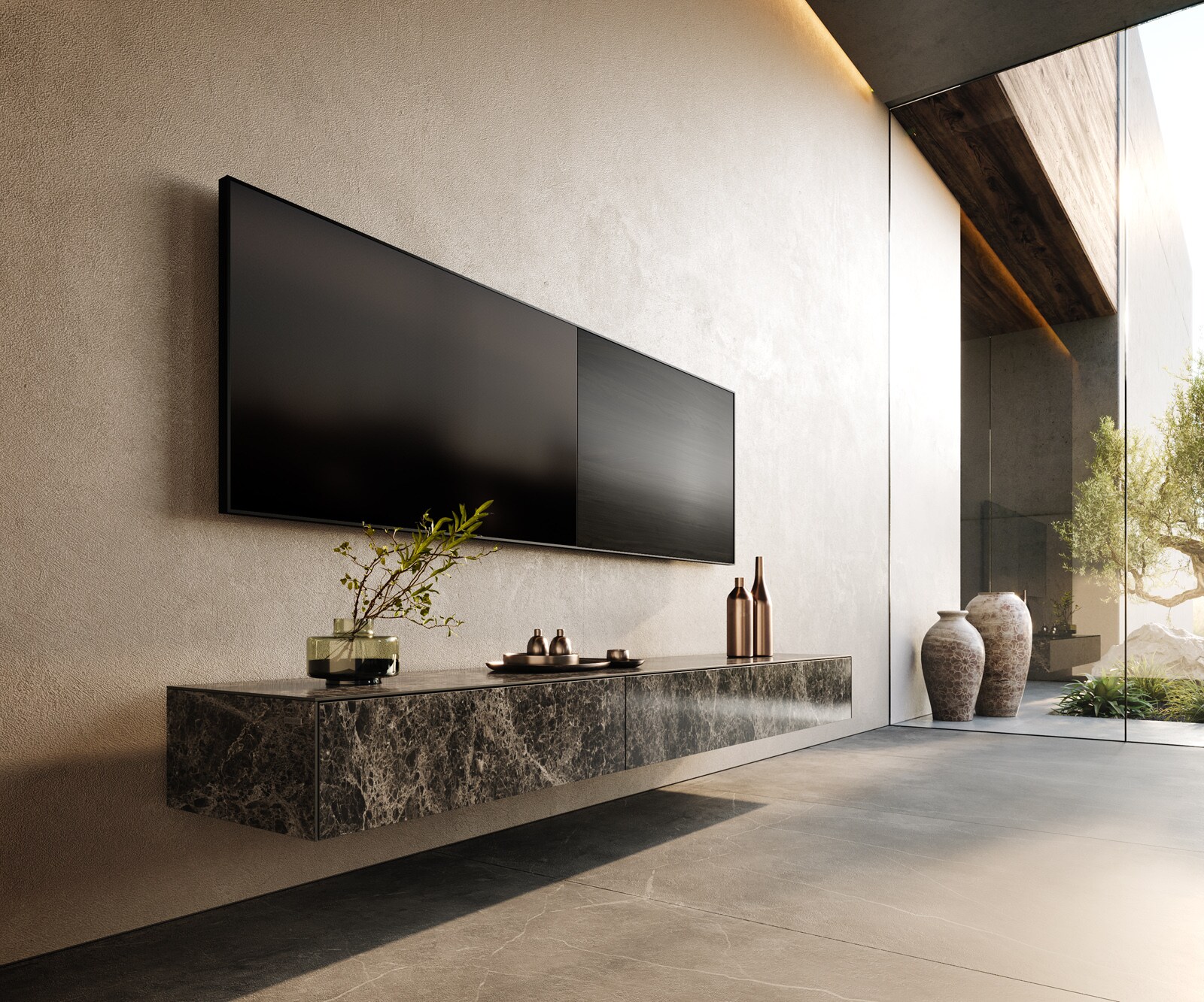 Tv-meubel Cuor 200 cm Keramiek Laminam® Emperador Extra Lucidato Donkerbruin 1 Flap 1 Lade Zwevend