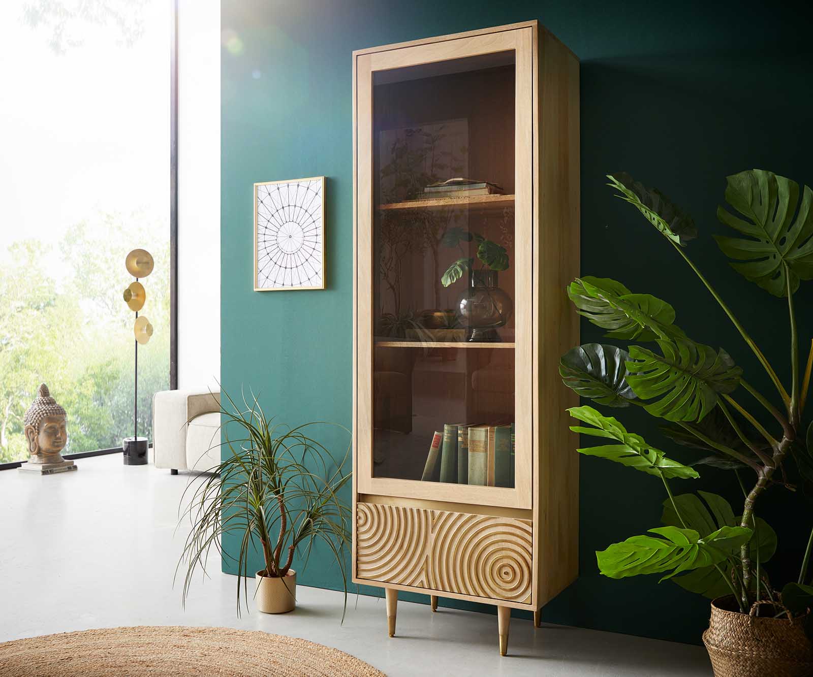 Vitrinekast Budaya Mango Natur 60x180 cm 2 deuren poot rond Vitrinekast Budaya Mango Natur 60x180 cm 2 deuren poot rond