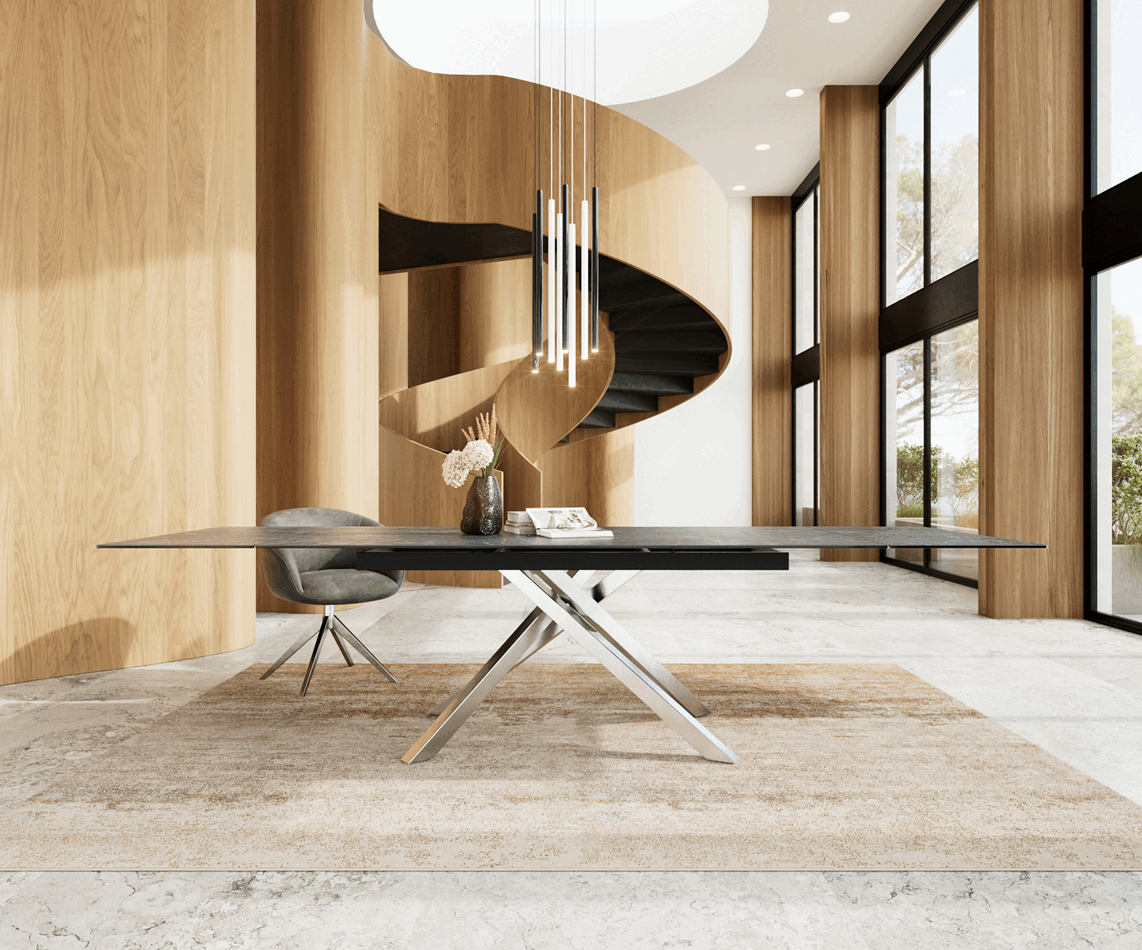 Eetkamertafel Edge 200-300x100 keramiek Laminam®Nero Greco grijs kruisframe rechthoek RVS uitschuifbaar 1 Eetkamertafel Edge 200-300x100 keramiek Laminam®Nero Greco grijs kruisframe rechthoek RVS uitschuifbaar 1